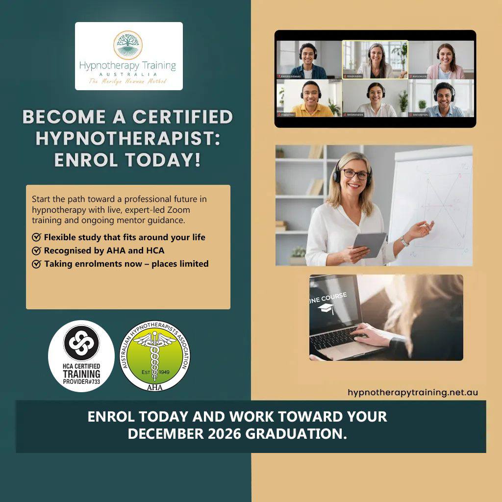 Hypnotherapy Training Australia & Therapy Centre Facebook ad: Train live with real instructors, join real classes…