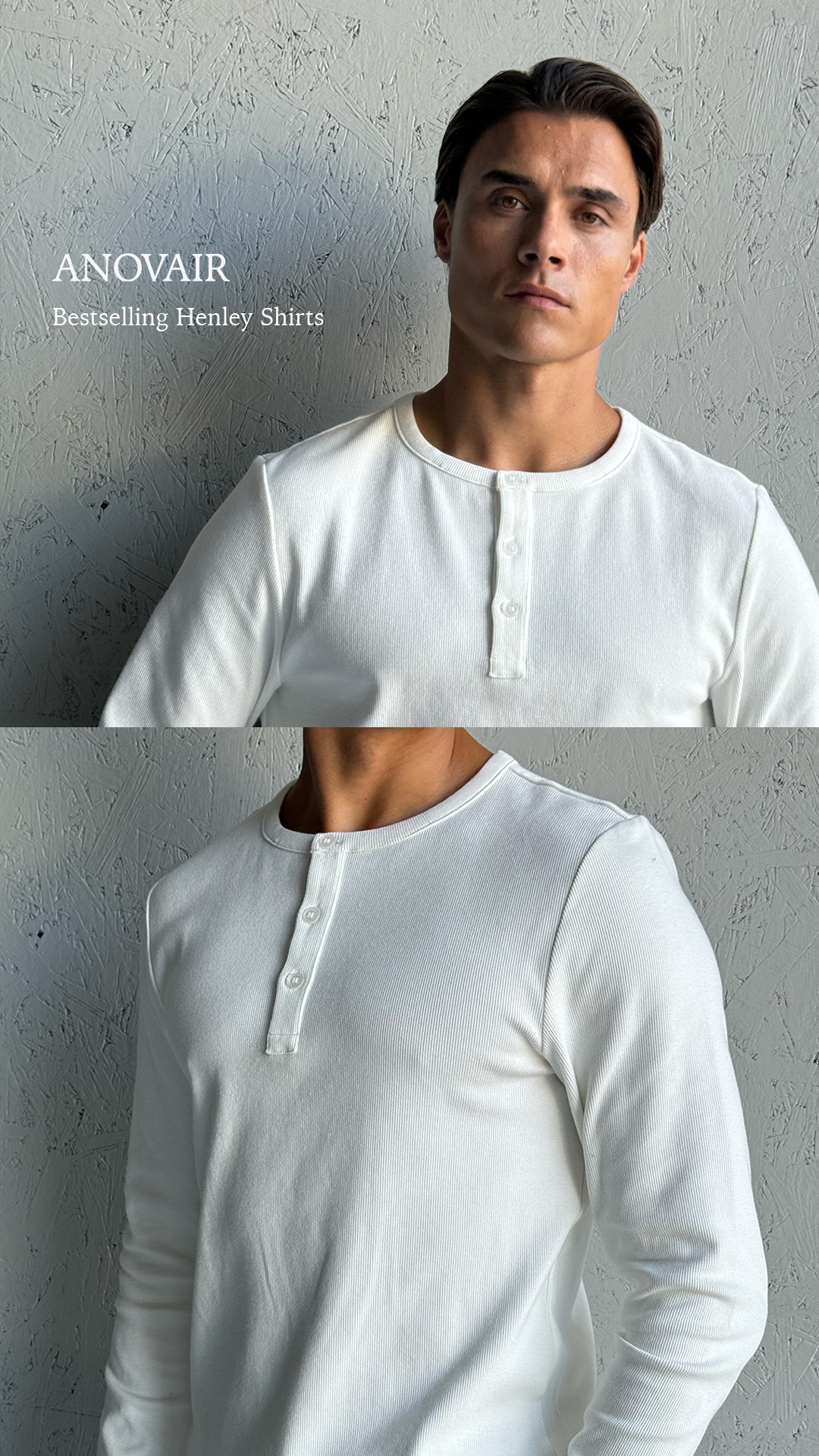 Anovair Facebook ad: Bestselling Henley Shirts, Buy 3 & Save 25%