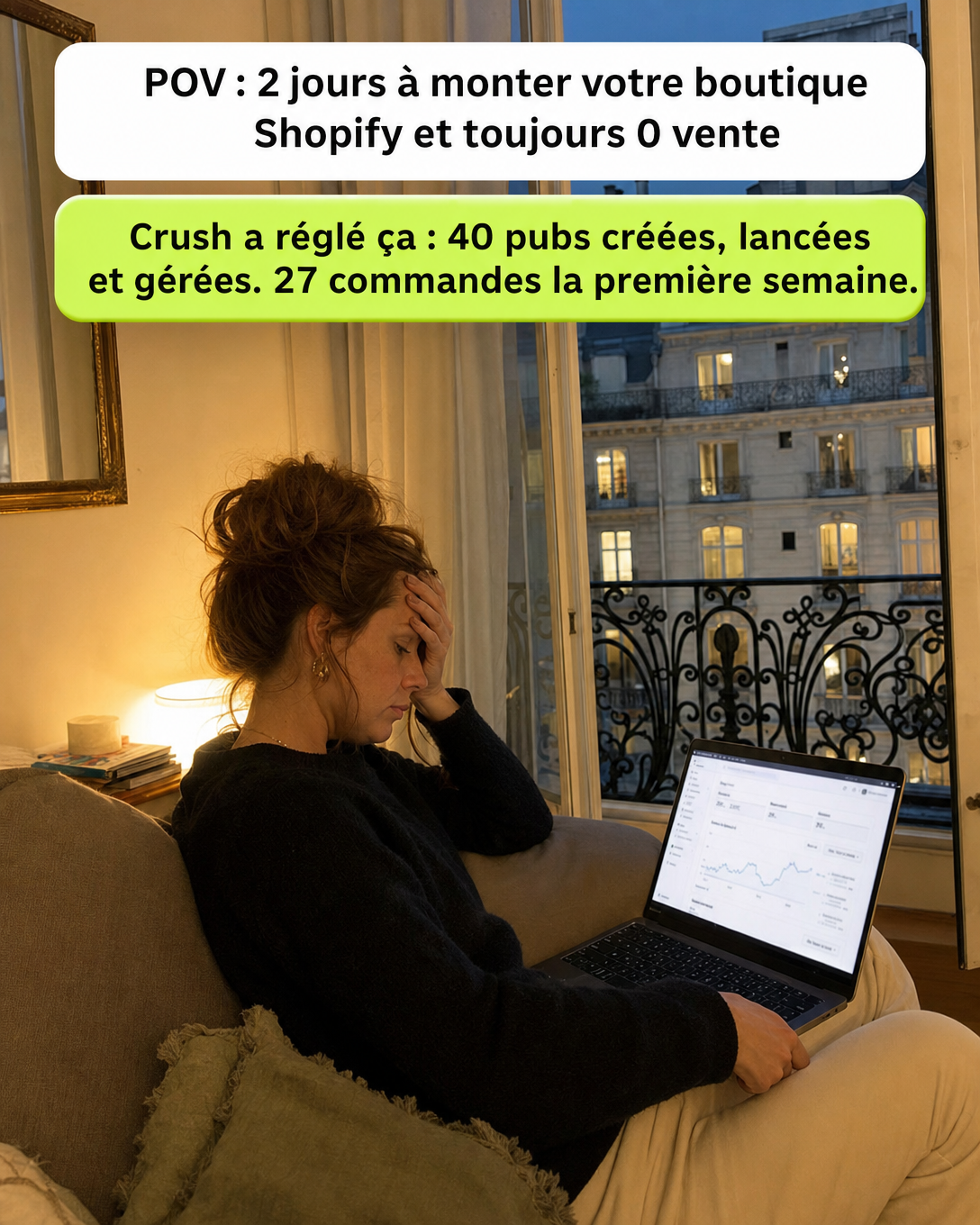 trycrush.ai Facebook ad: POV: 2 jours sur Shopify et 0 vente