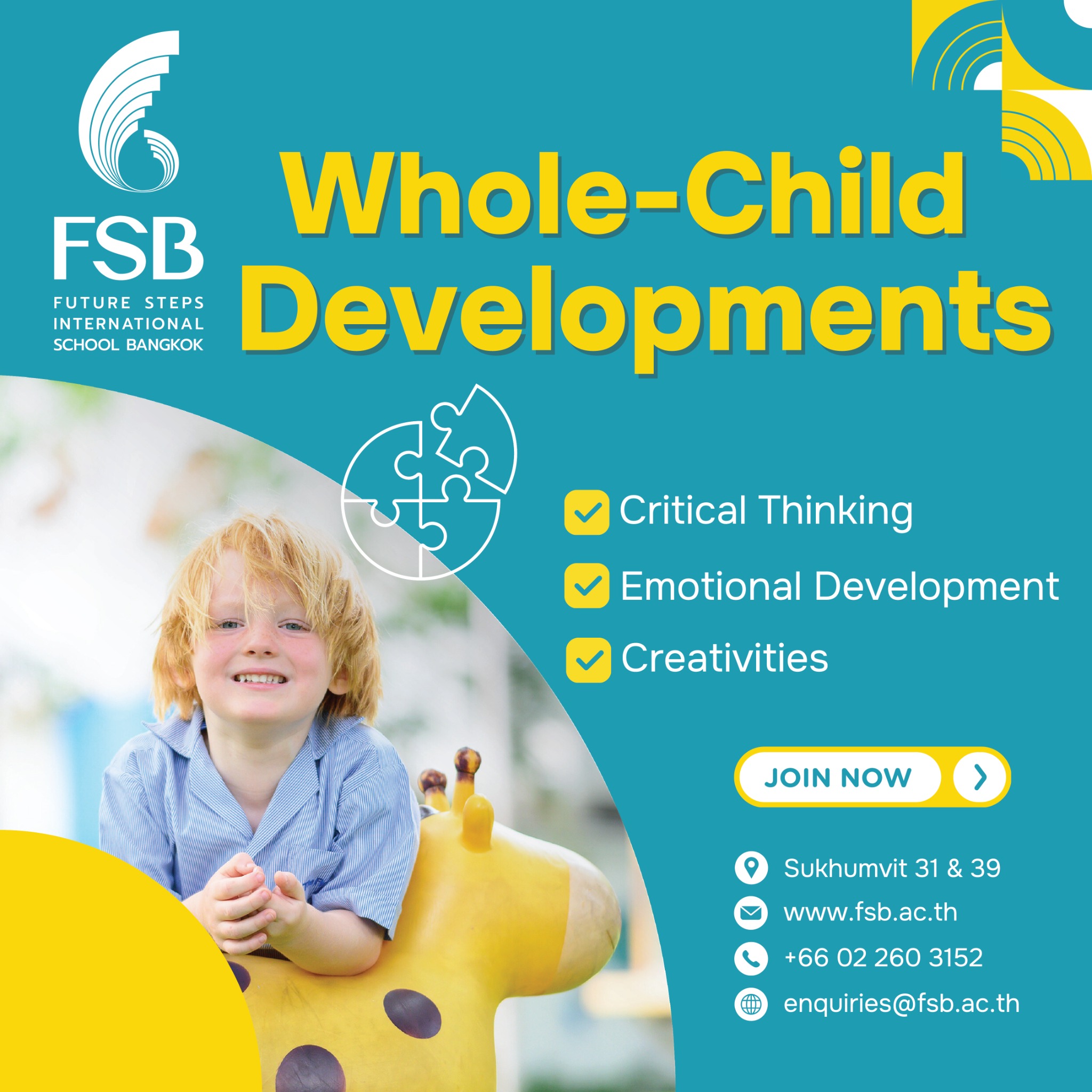 The First & Future Steps International School Bangkok Facebook ad: Is your child thriving in every way?