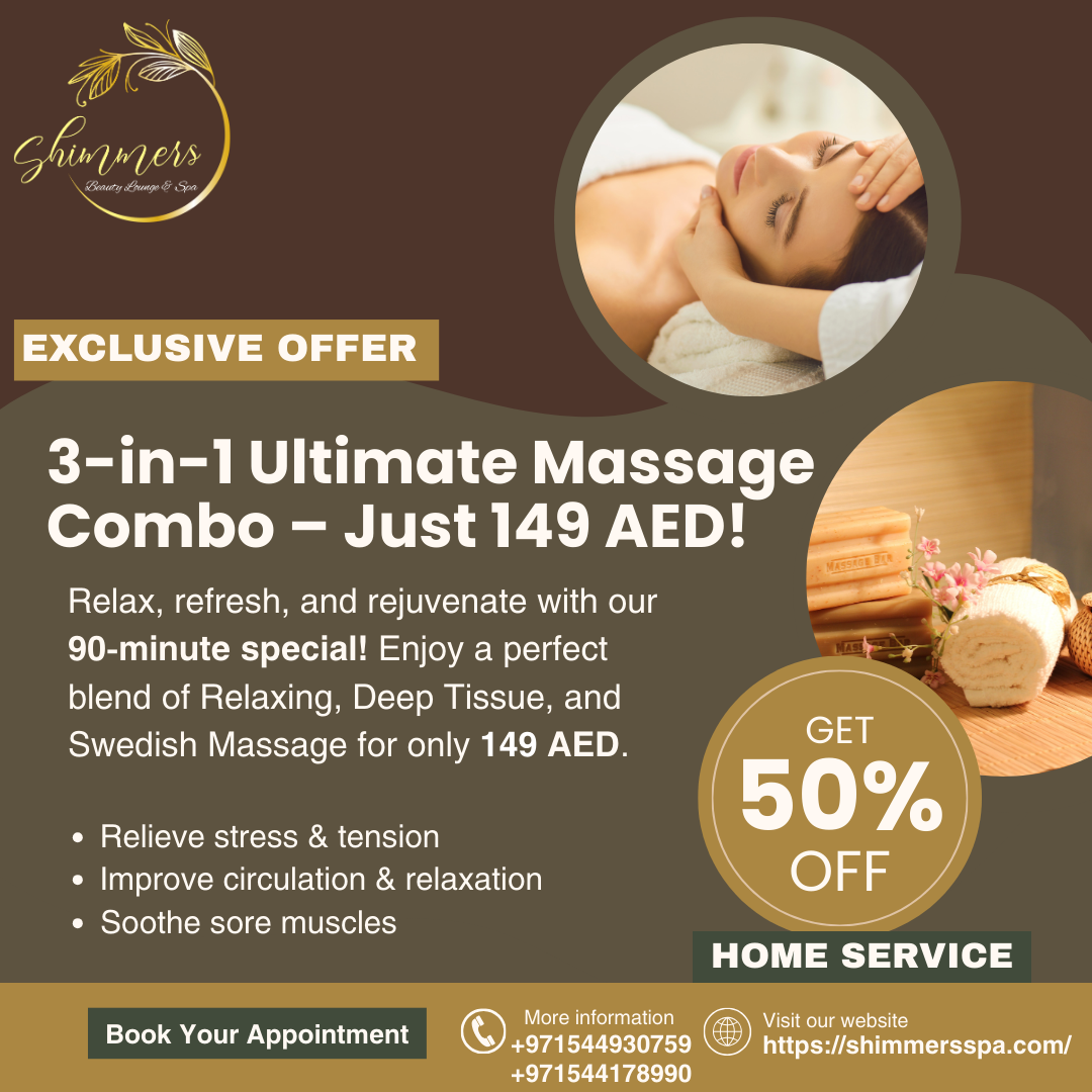 Shimmers Beauty Lounge & Spa Facebook ad: 50% OFF Relax for Just ONLY 149 AED! HOME SERVICE…
