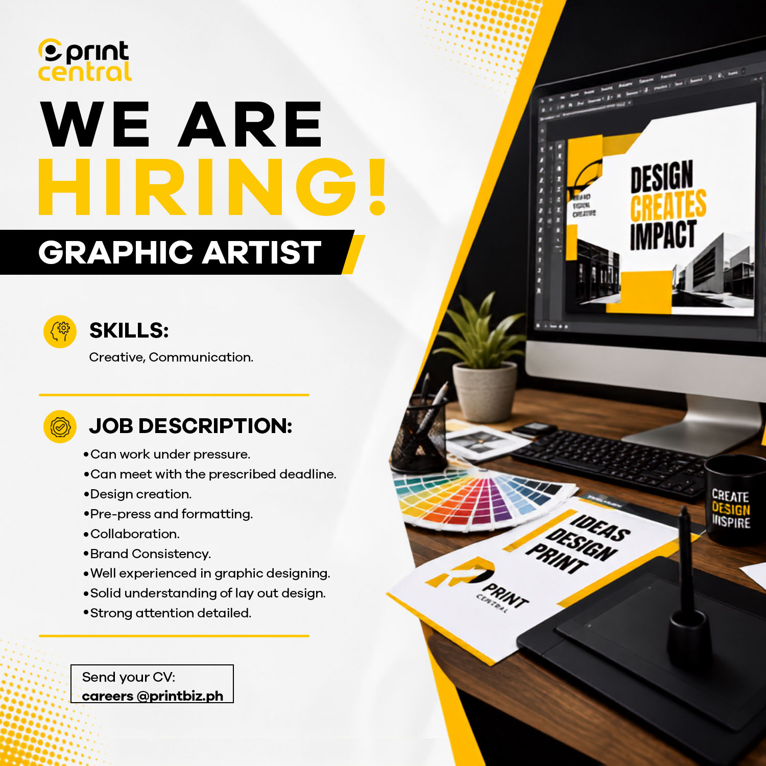 Print Central Facebook ad: We’re hiring Machine Operators & Graphic Artists!
