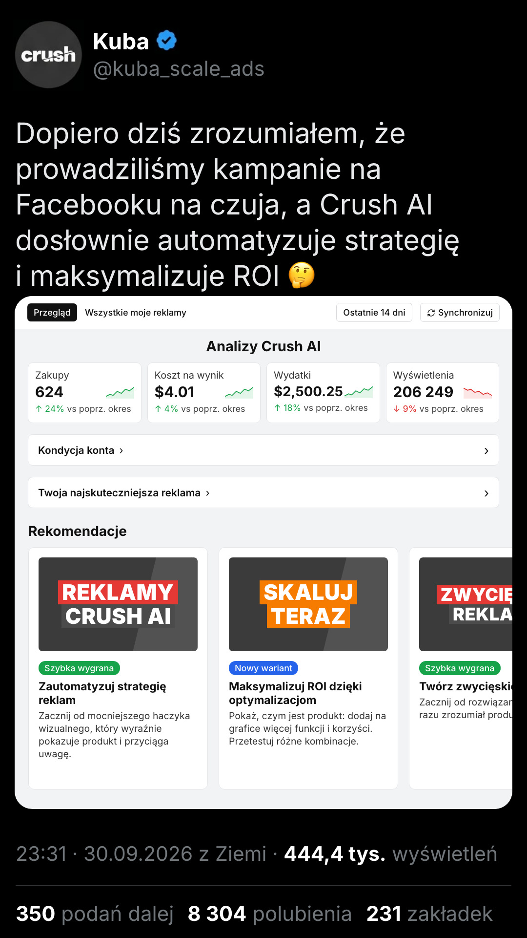 trycrush.ai Facebook ad: Koniec z ręcznym prowadzeniem reklam