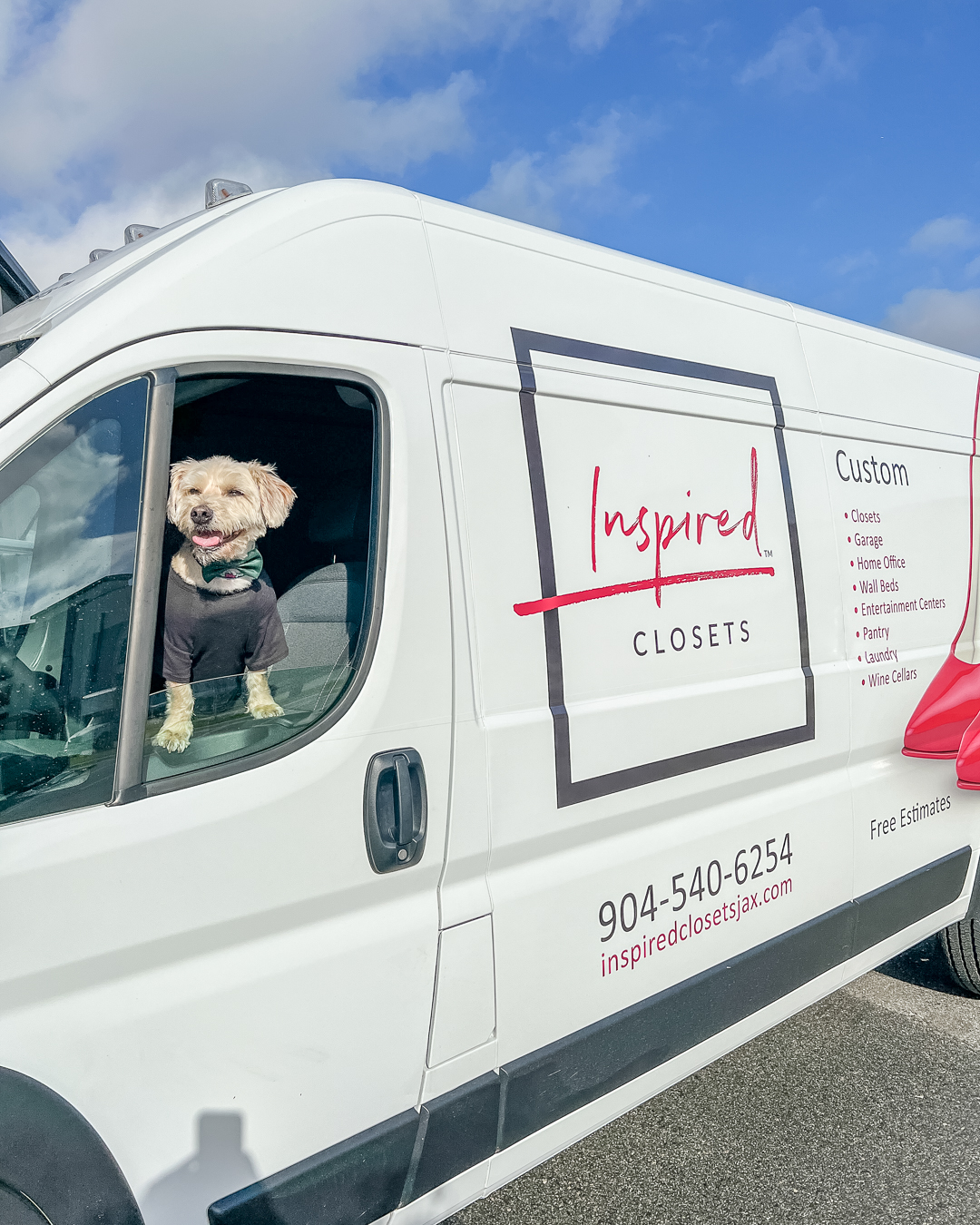 Inspired Closets Facebook ad: Our showroom puppy, Leo, is hitting the streets…