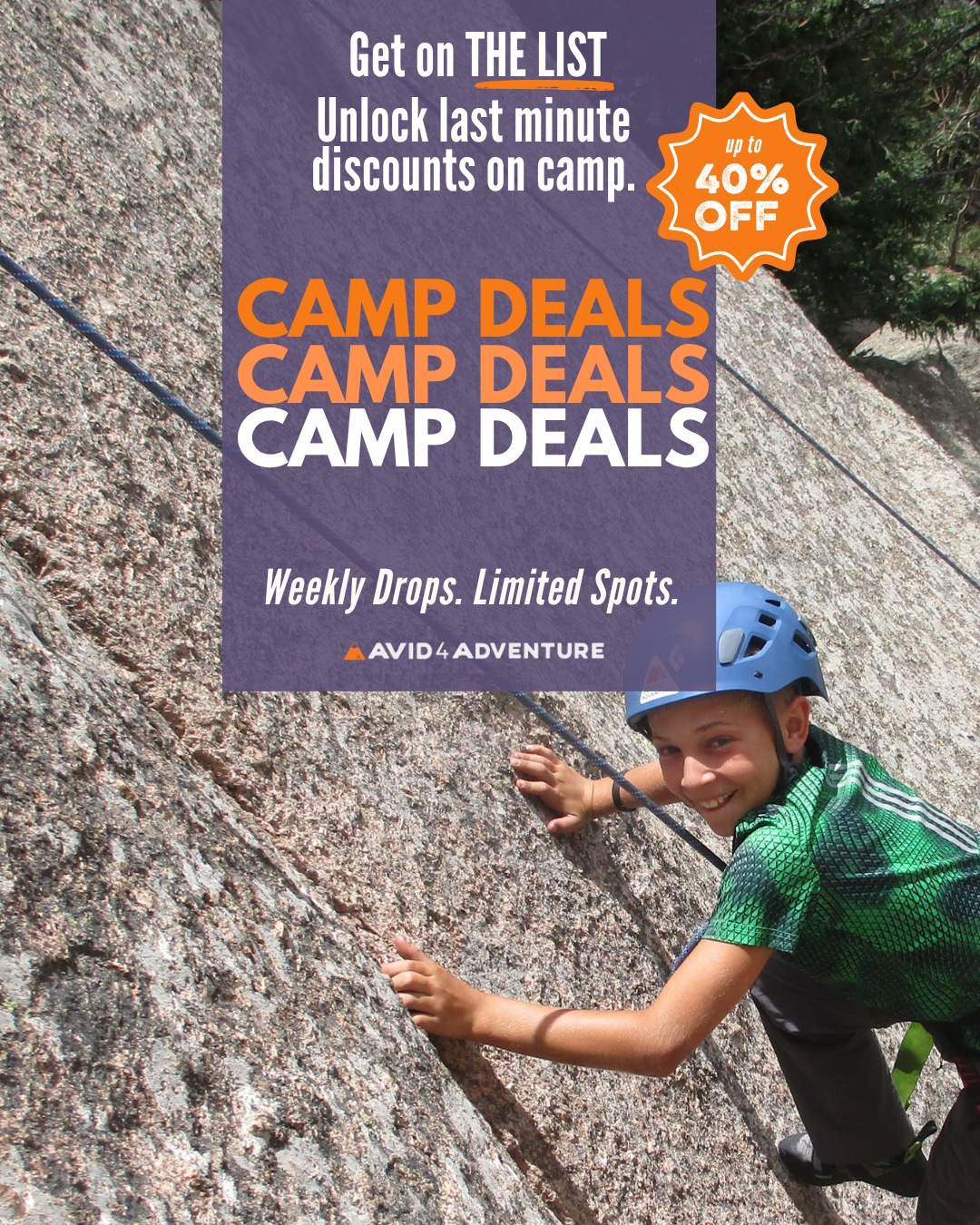 Avid4 Adventure Facebook ad: Sign up for Last Minute Camp Deals | Kids PreK-7th
