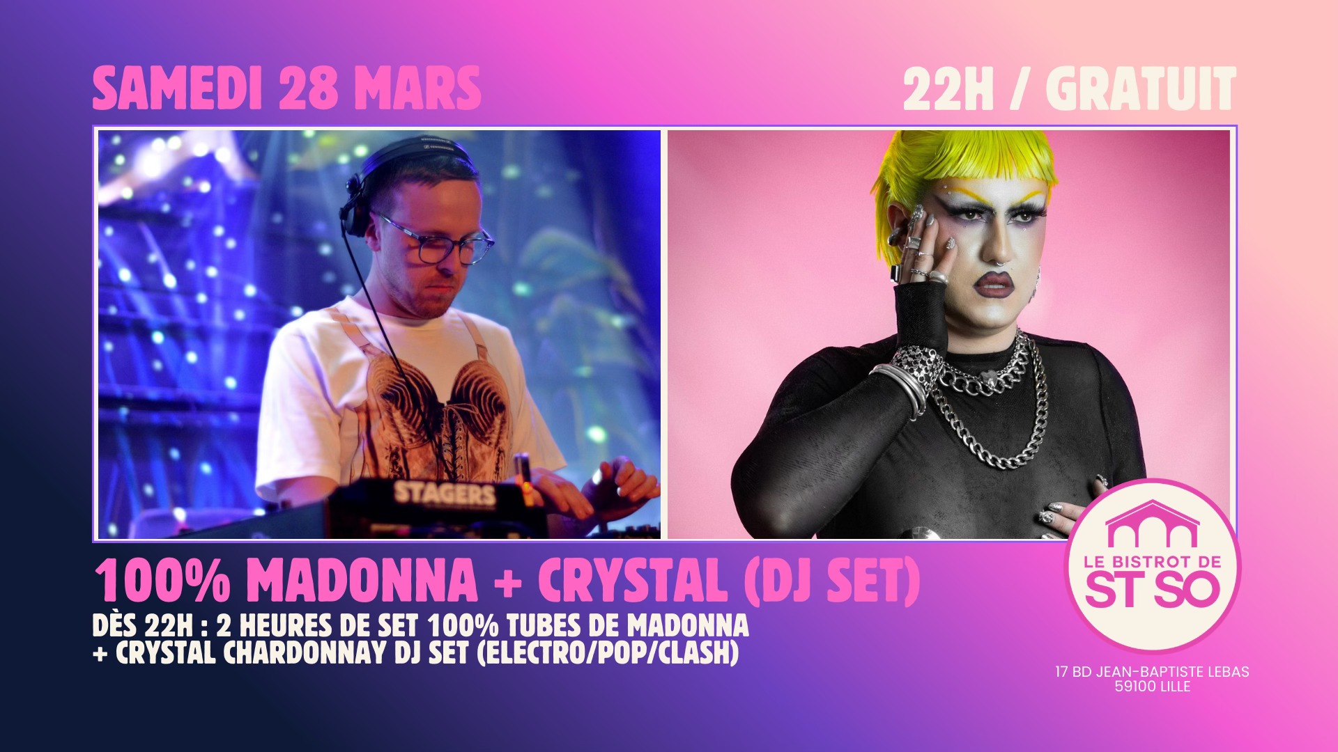 Bistrot de St So Facebook ad: 100% MADONNA + CRYSTAL CHARDONNAY (DJ SET) GRATUIT (22H00)