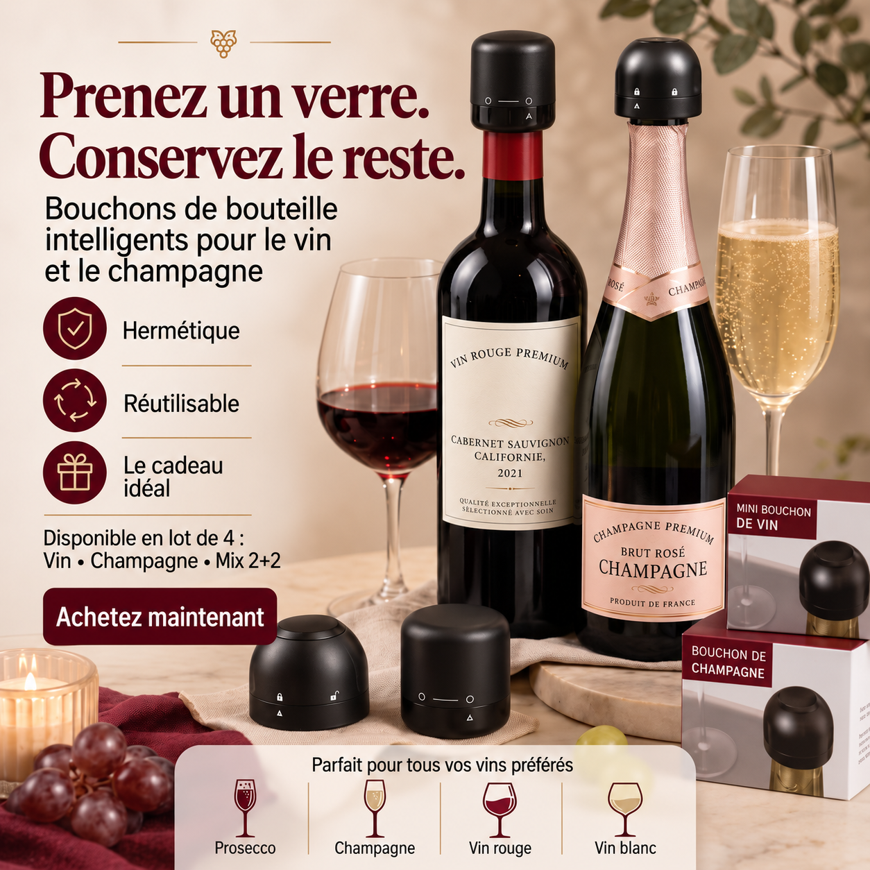 PetitDeal Facebook ad: Bouchon de bouteille pour Vin et Champagne