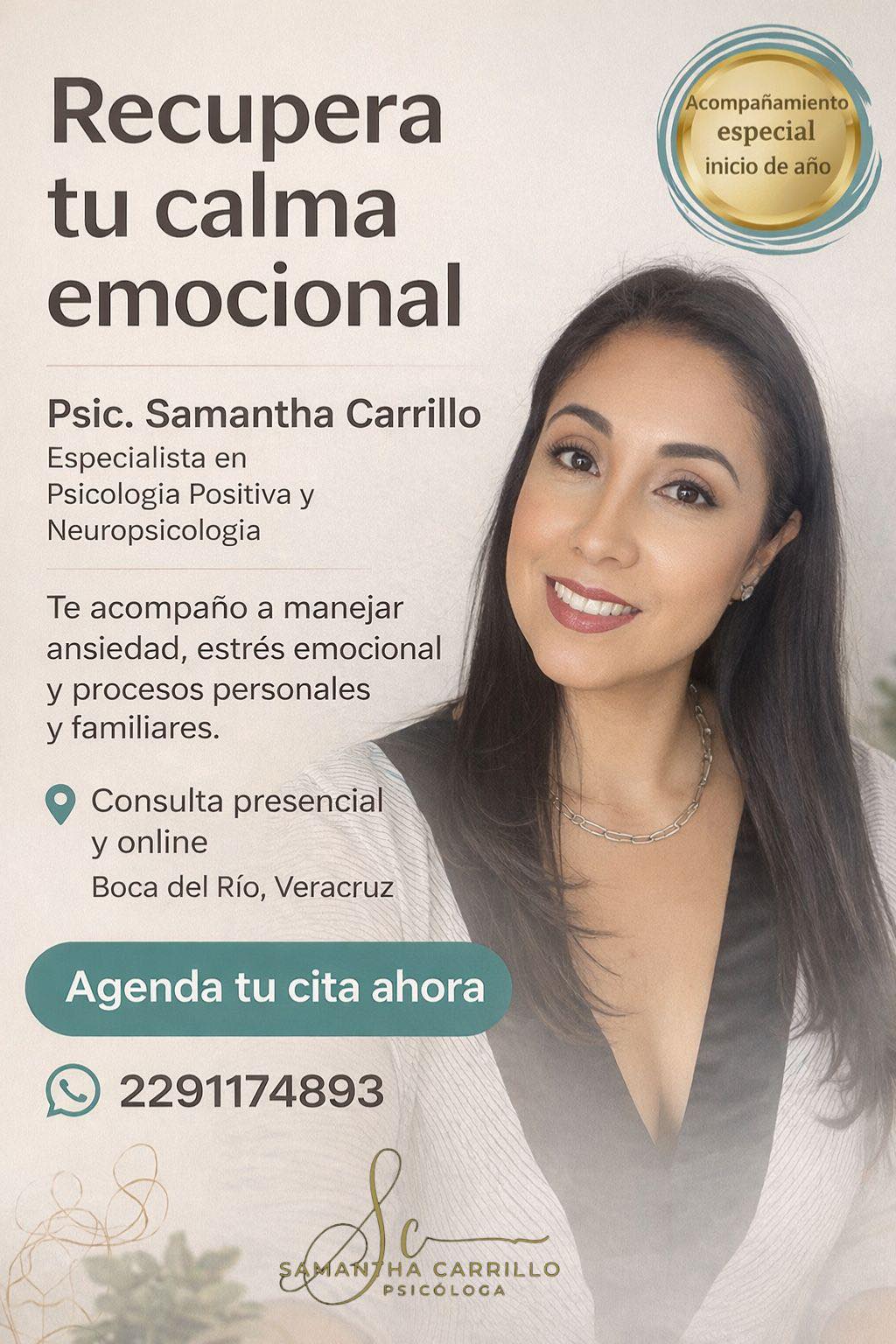 Psicóloga Samantha Carrillo Facebook ad: Si últimamente te sientes cansado/a emocionalmente, con…