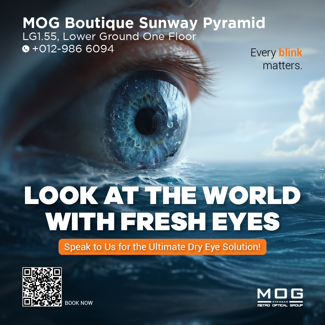 MOG EYEWEAR Facebook ad: Stop the Burning! Get Real Dry Eye Relief Today.