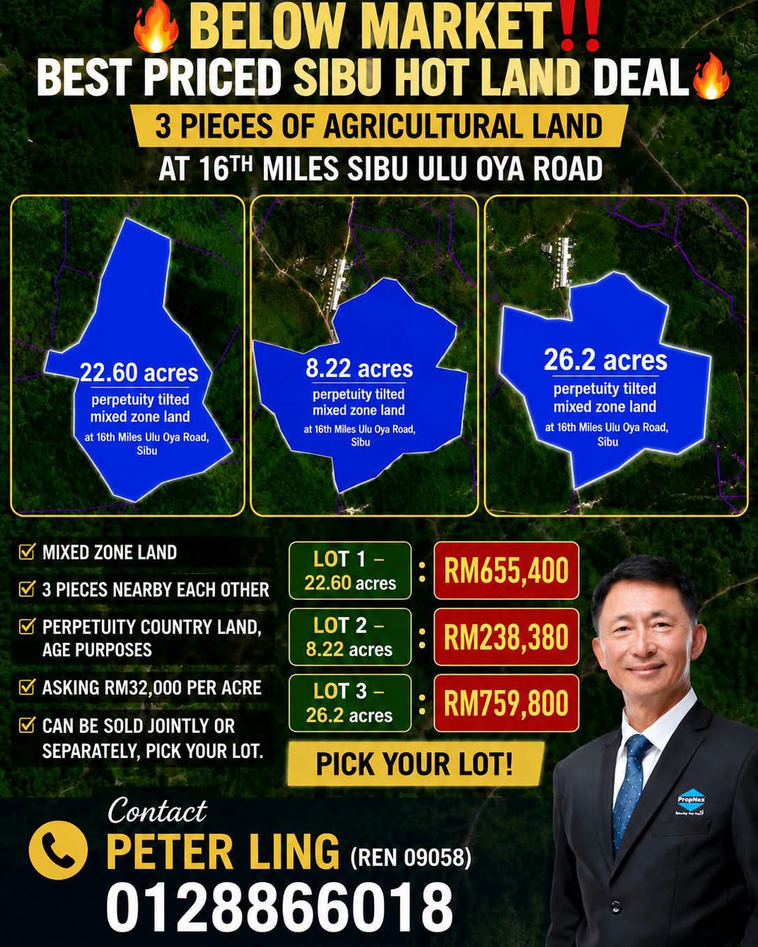 Peter Ling Facebook ad: BELOW MARKET BEST PRICED SIBU HOT LAND DEAL 3 Pieces of…