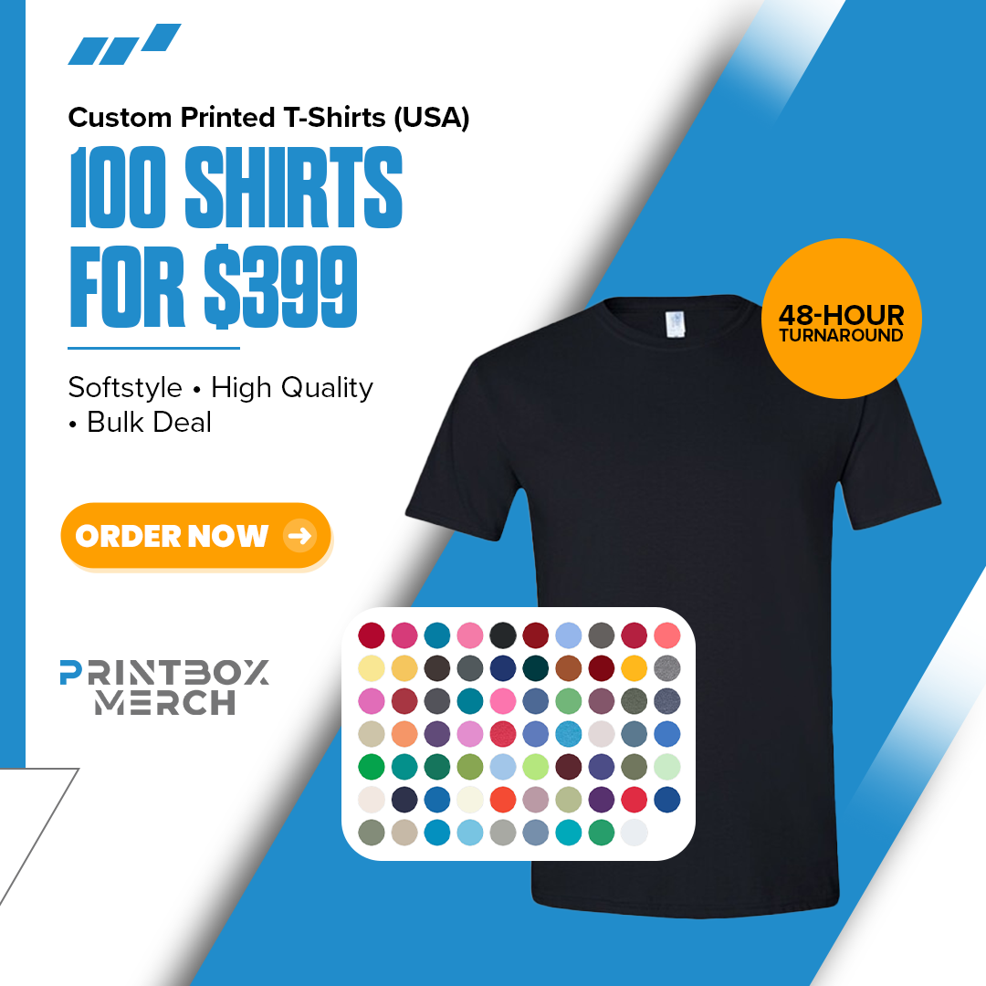 Printbox Merch Facebook ad: 100 Custom Shirts for $399
