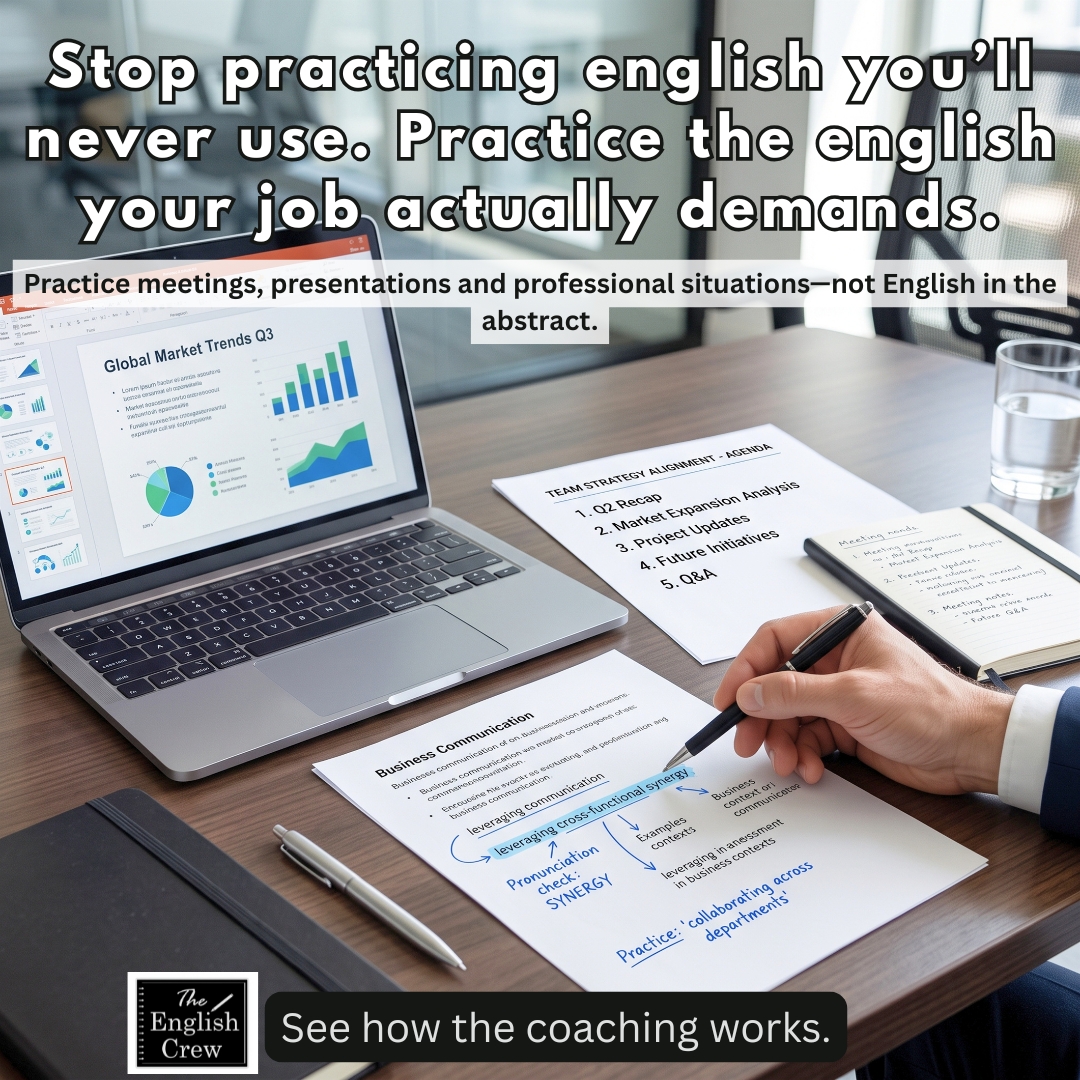 The English Crew Online English Lessons Facebook ad: Practice The English Your Job Actually Demands