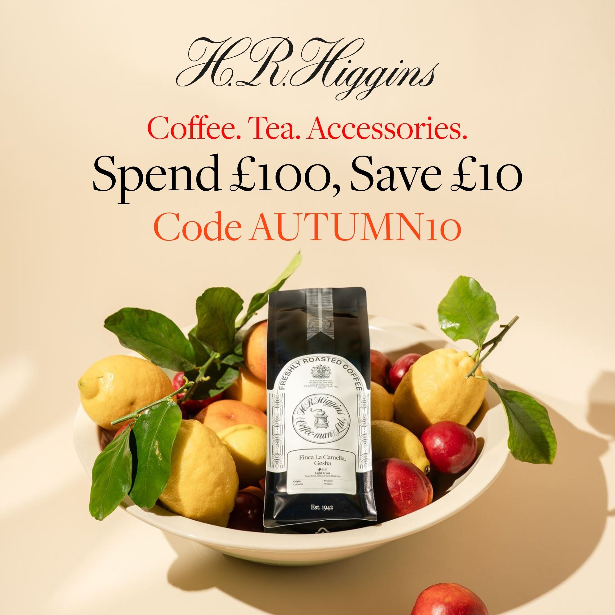 H.R.Higgins Facebook ad: £10 Off Coffee, Tea & Fine Gifts
