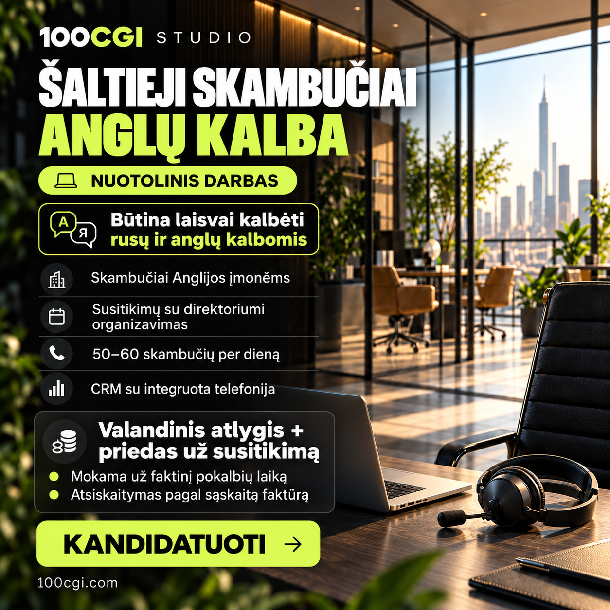 Ruden Consulting Facebook ad: Nuotolinis darbas · Atlygis už pokalbius + priedai