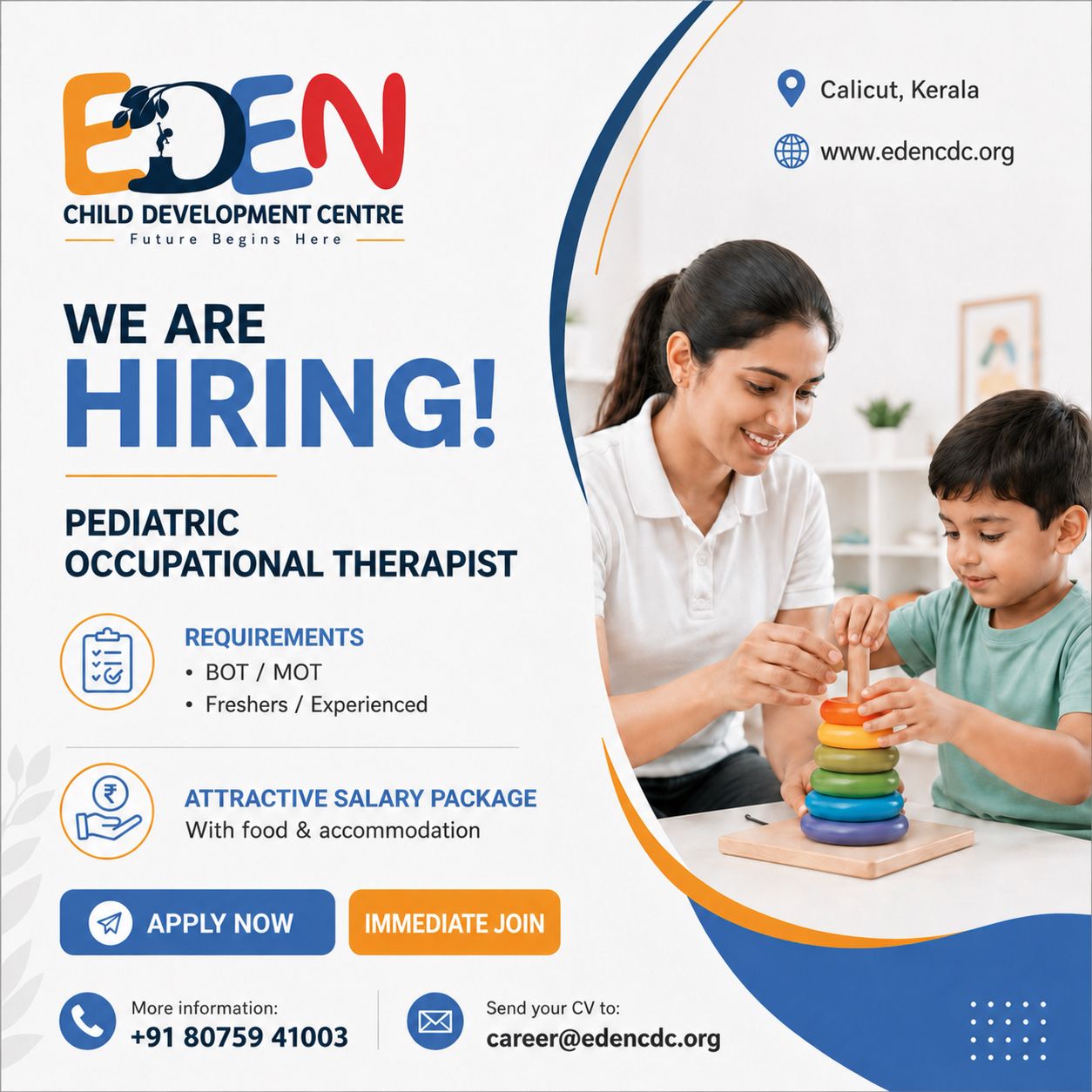 EDEN CDC.org Facebook ad: Immediate Hiring: Pediatric Occupational Therapist