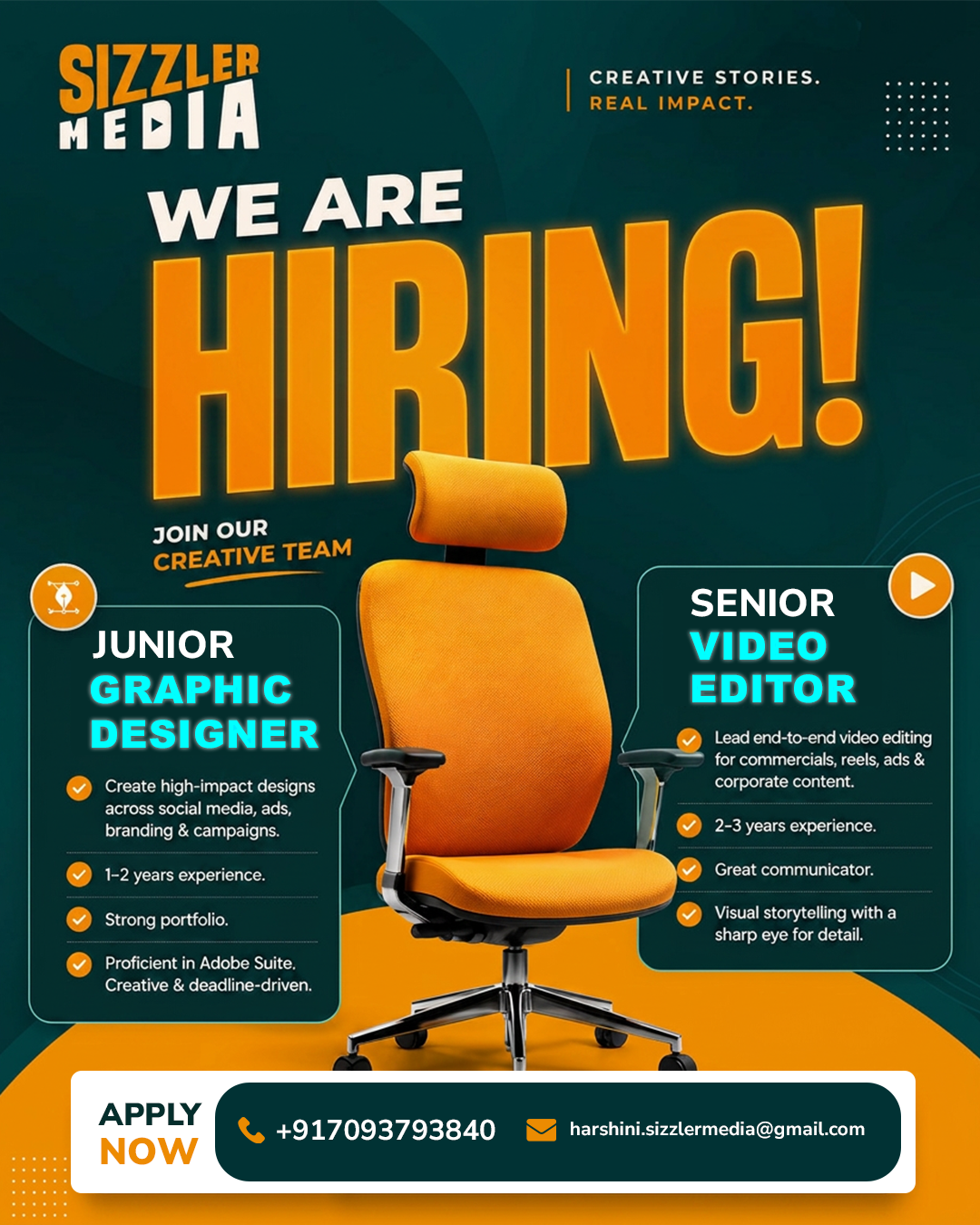 Sizzler media Facebook ad: Senior Video Editor & Junior Graphic Designer Hiring.