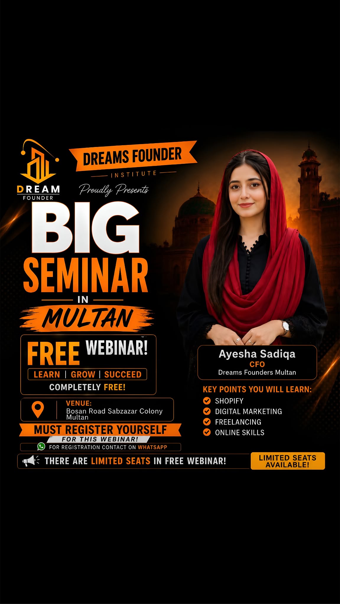 Dream Founder Facebook ad: Multan: Free Seminar for Girls & Youth - Register Now!
