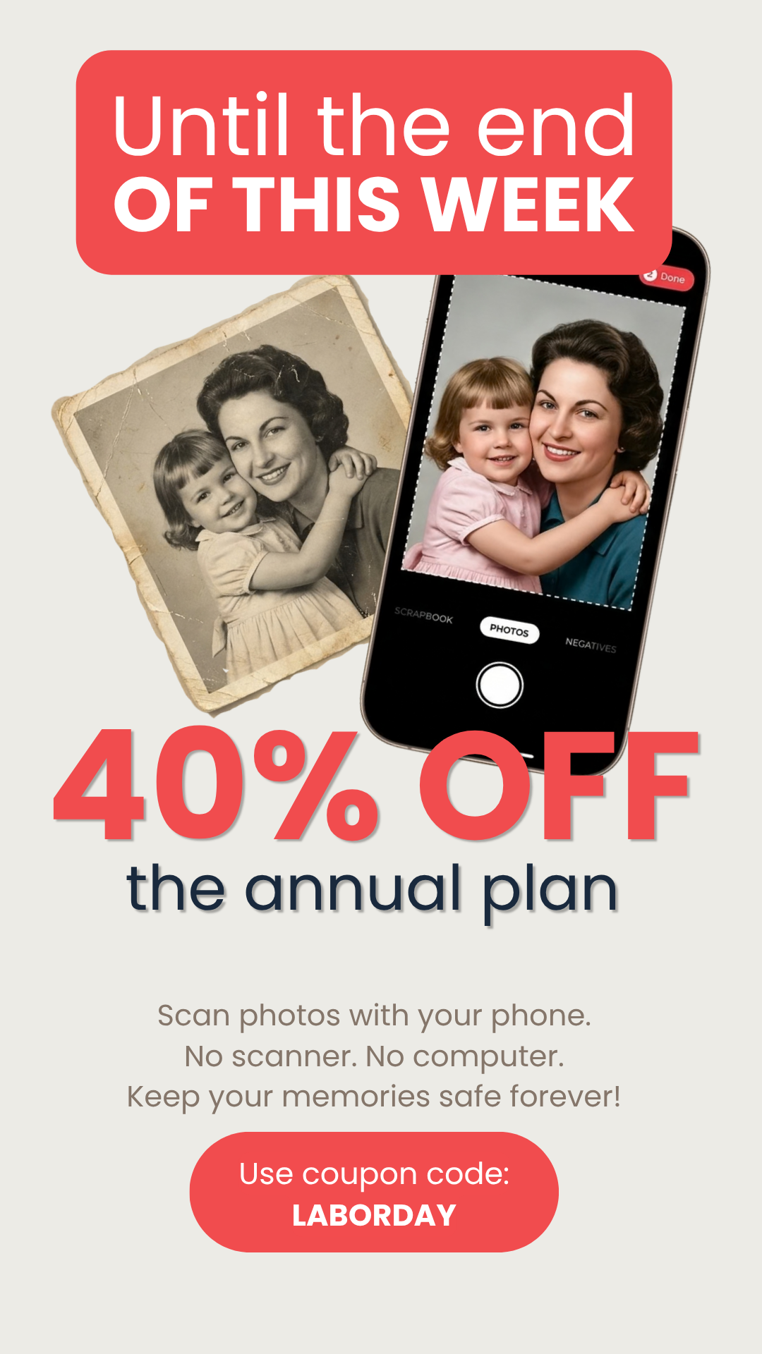 Photomyne Facebook ad: 40% Off Photomyne Yearly | Code: LABORDAY