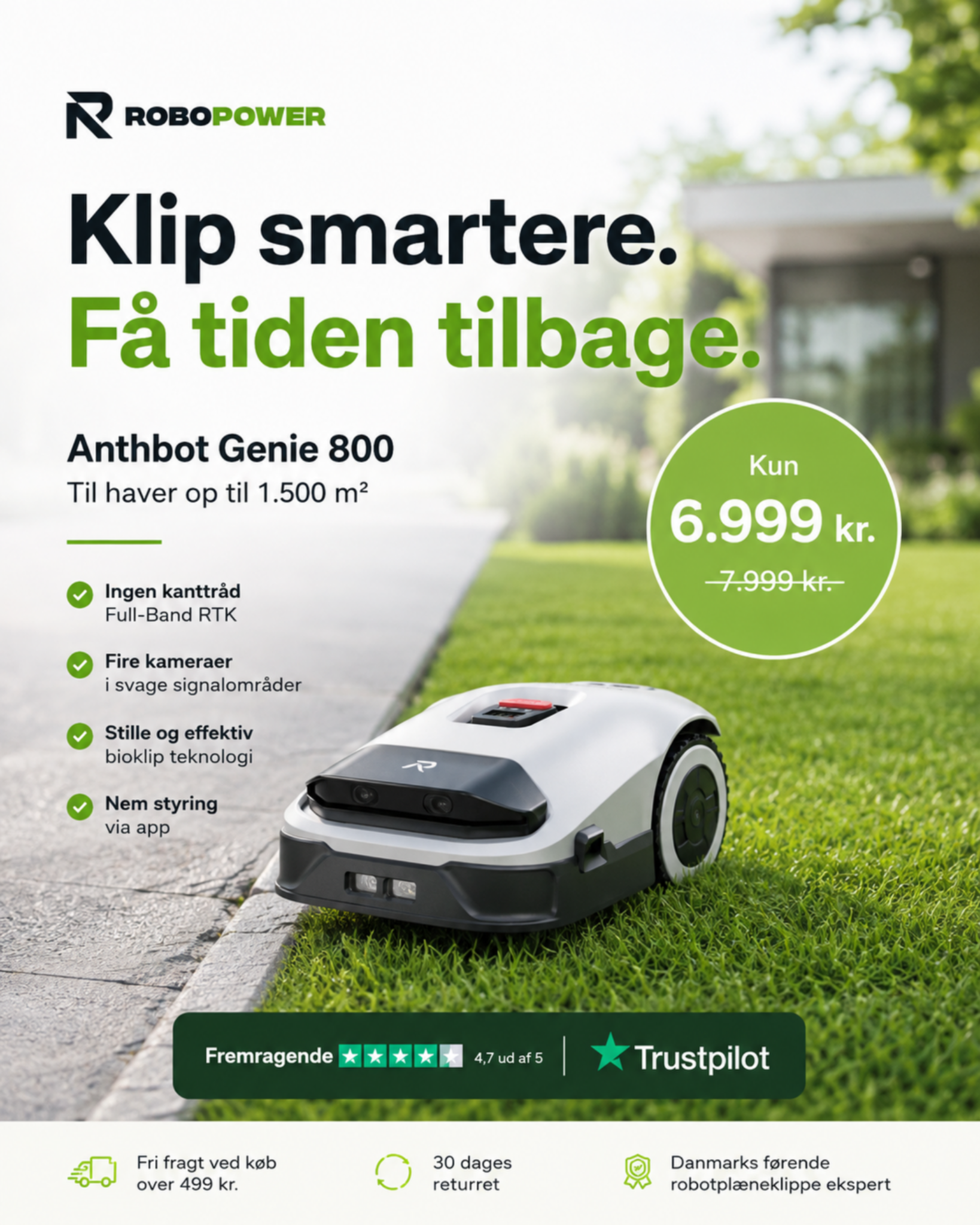 Robopower - robotplæneklippere med bedre service Facebook ad: Din nye havemand, kun 6.999 kr.
