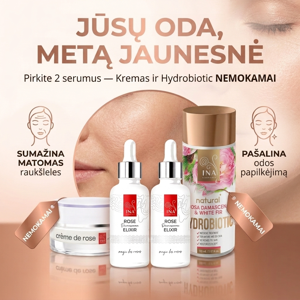 Šeimos Organinė Kosmetika - InaEssentials.lt Facebook ad: Pirk 2 Rose Elixir serumus, kremas ir Hydrobiotic dovanų
