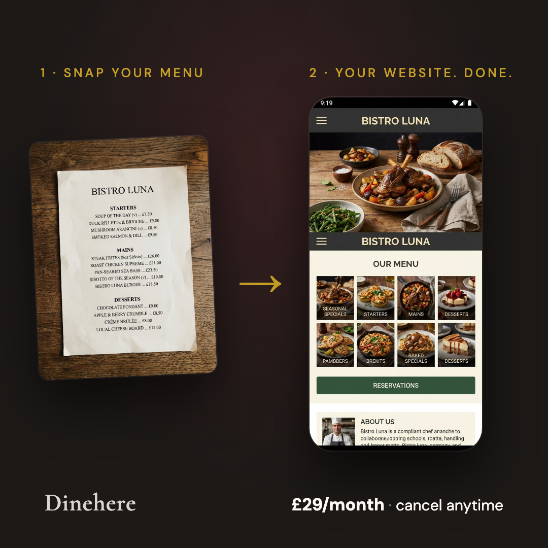 Dinehere.ai Facebook ad: From Menu Photos to a Live Website