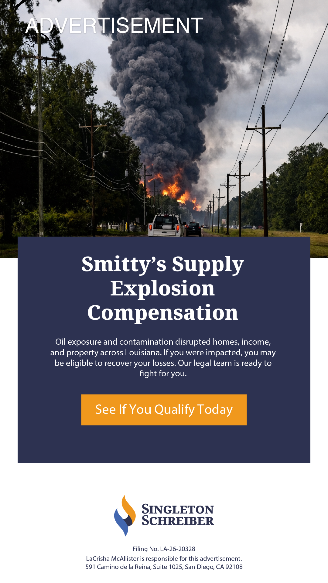 Smitty's Supply Explosion Lawsuit Info Facebook ad from Mar 26, 2026