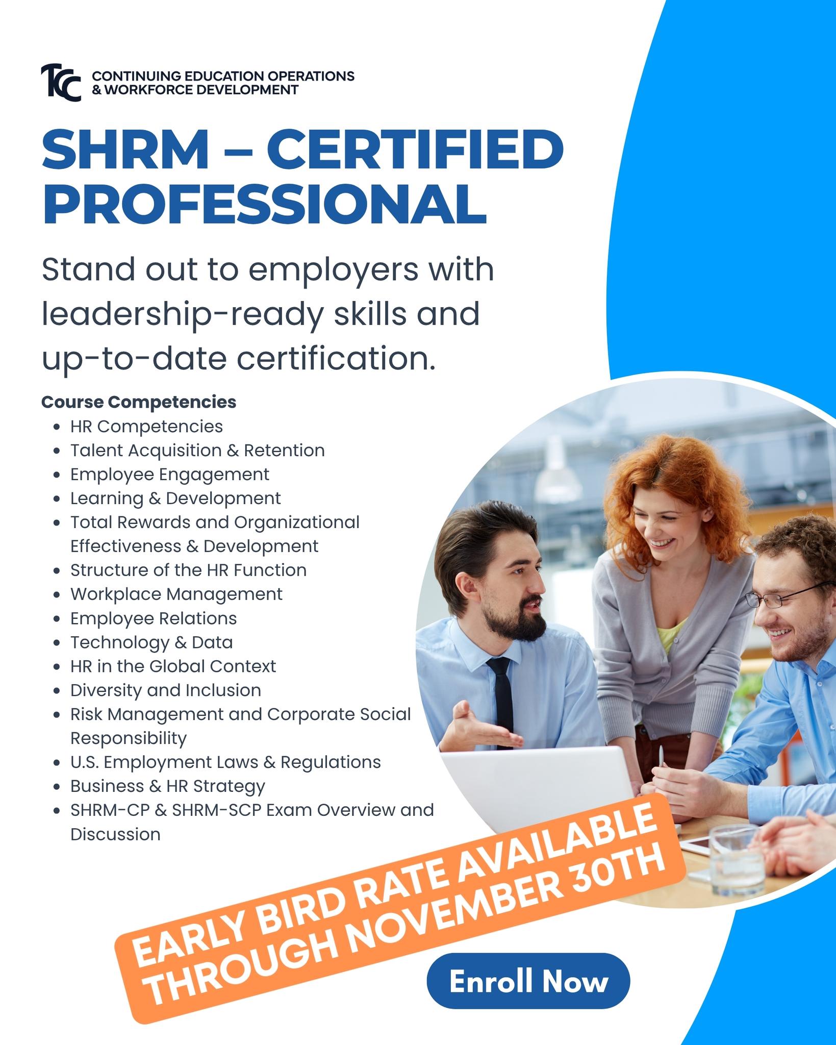 TCC Continuing Ed Facebook ad: Advance your HR career with SHRM Certification!