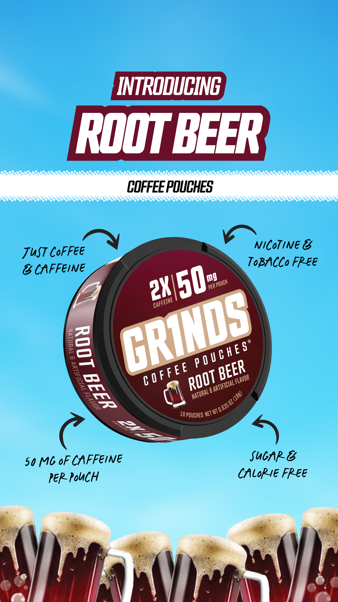 Grinds Pouches Facebook ad: Root Beer Coffee Pouches