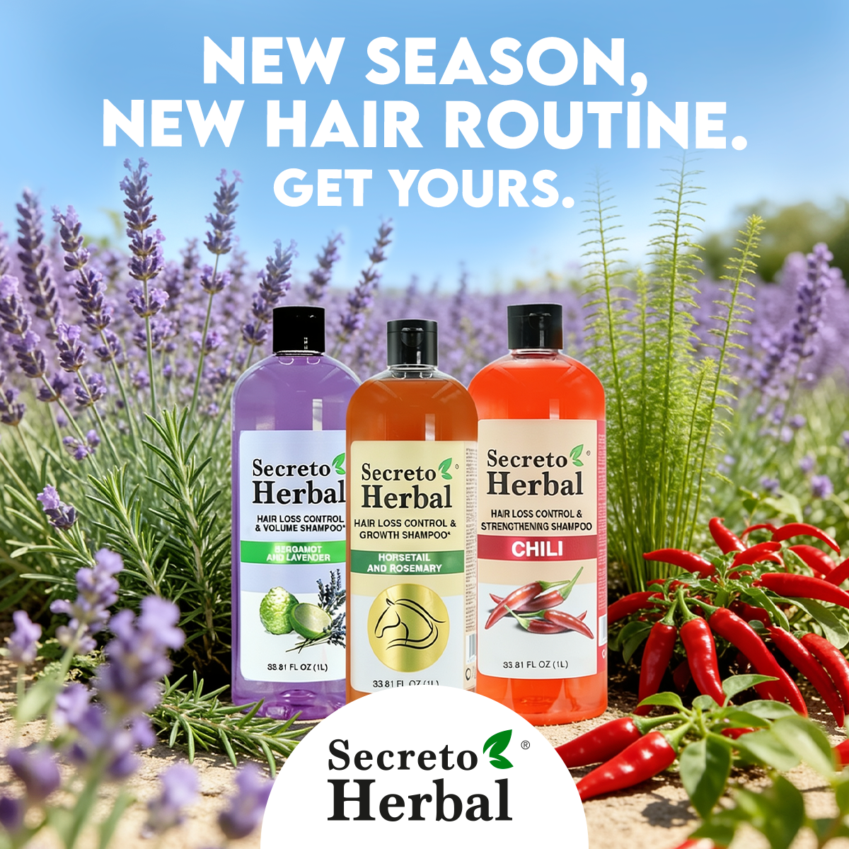 Secreto Herbal USA Facebook ad: Horsetail and rosemary shampoo, bergamot and lavender and…