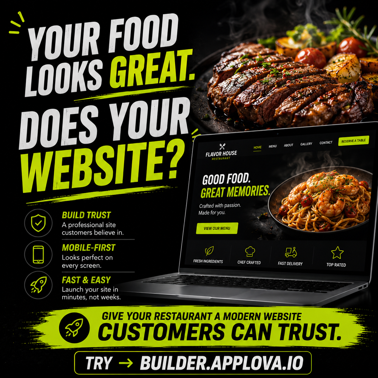 Applova.io Facebook ad: Your Restaurant Website, Built in 60 Seconds