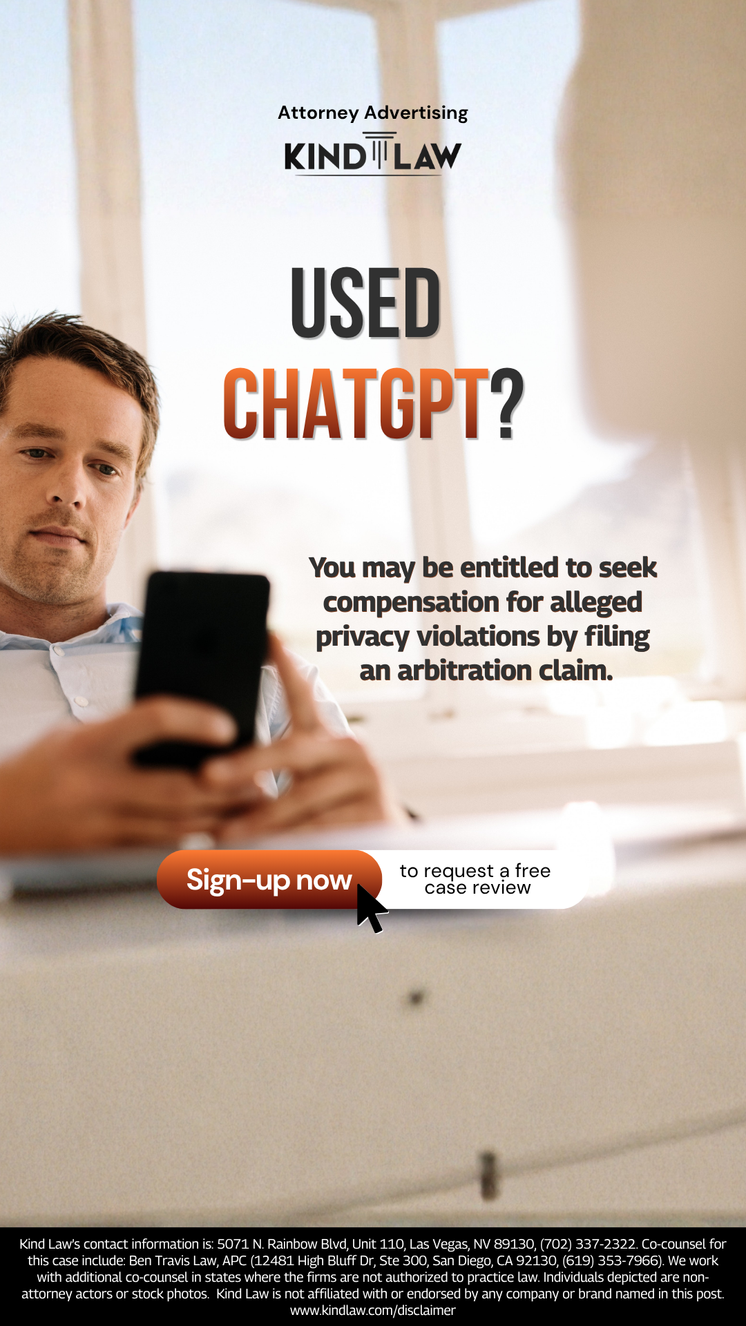 Kind Law Facebook ad: Used ChatGPT? You May Be Entitled To Seek Compensation