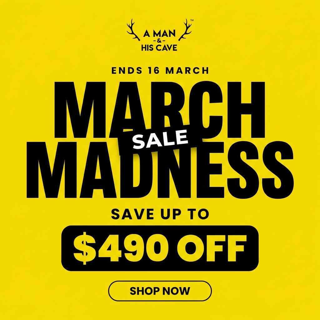 A Man & His Cave Facebook ad: MARCH MADNESS SALE | SAVE UP TO $490!