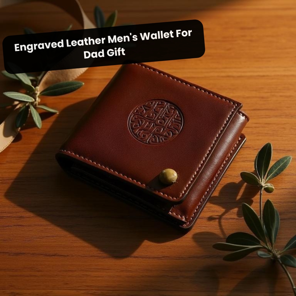 Best Friday Saver Deals Facebook ad: Engraved Leather Men's Wallet For Dad Gift.