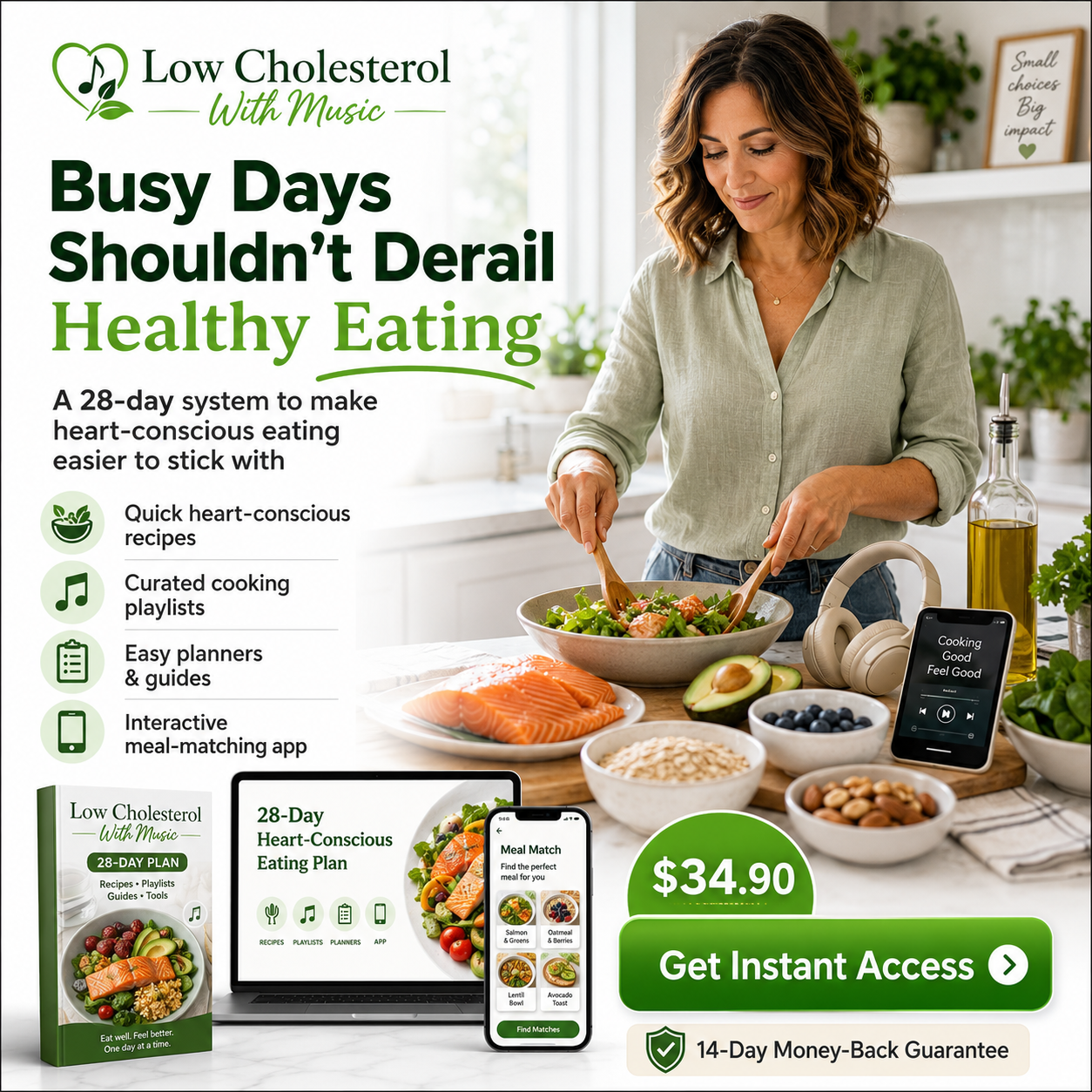 Low Cholesterol with Music Facebook ad: Healthy Eating Shouldn’t Fall Apart on Stressful Days