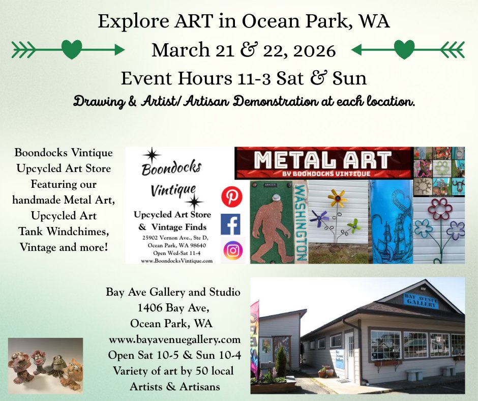 Boondocks Vintique Facebook ad: Explore ART in Ocean Park, WA, March 21…