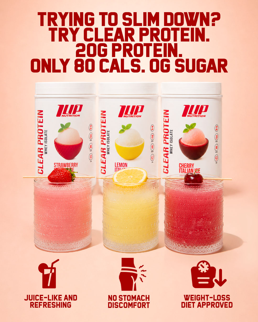 1 Up Nutrition Facebook ad: Clear Protein 20G Protein, Only 80 Calories