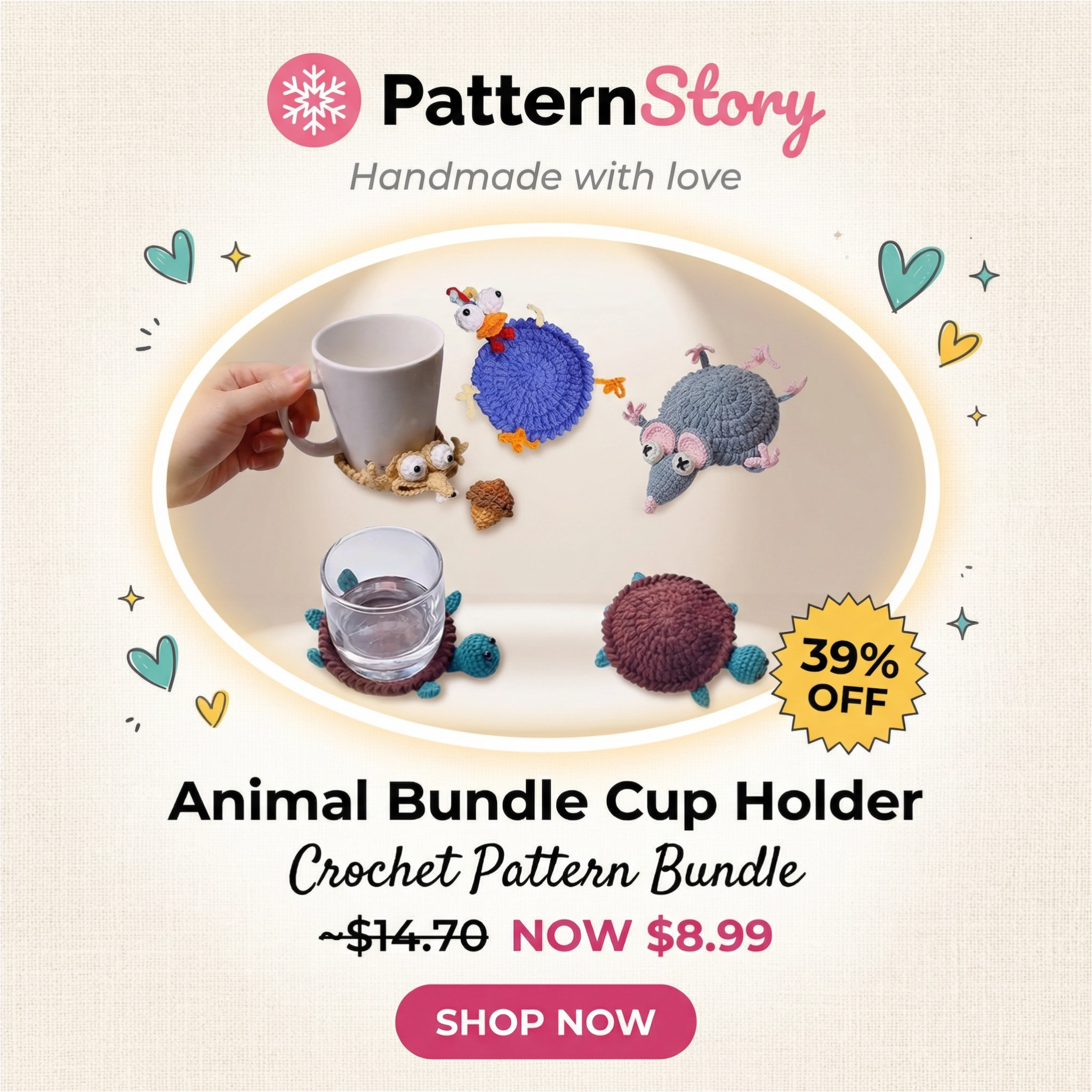 PatternStory Facebook ad: Cute Critters Cup Holder