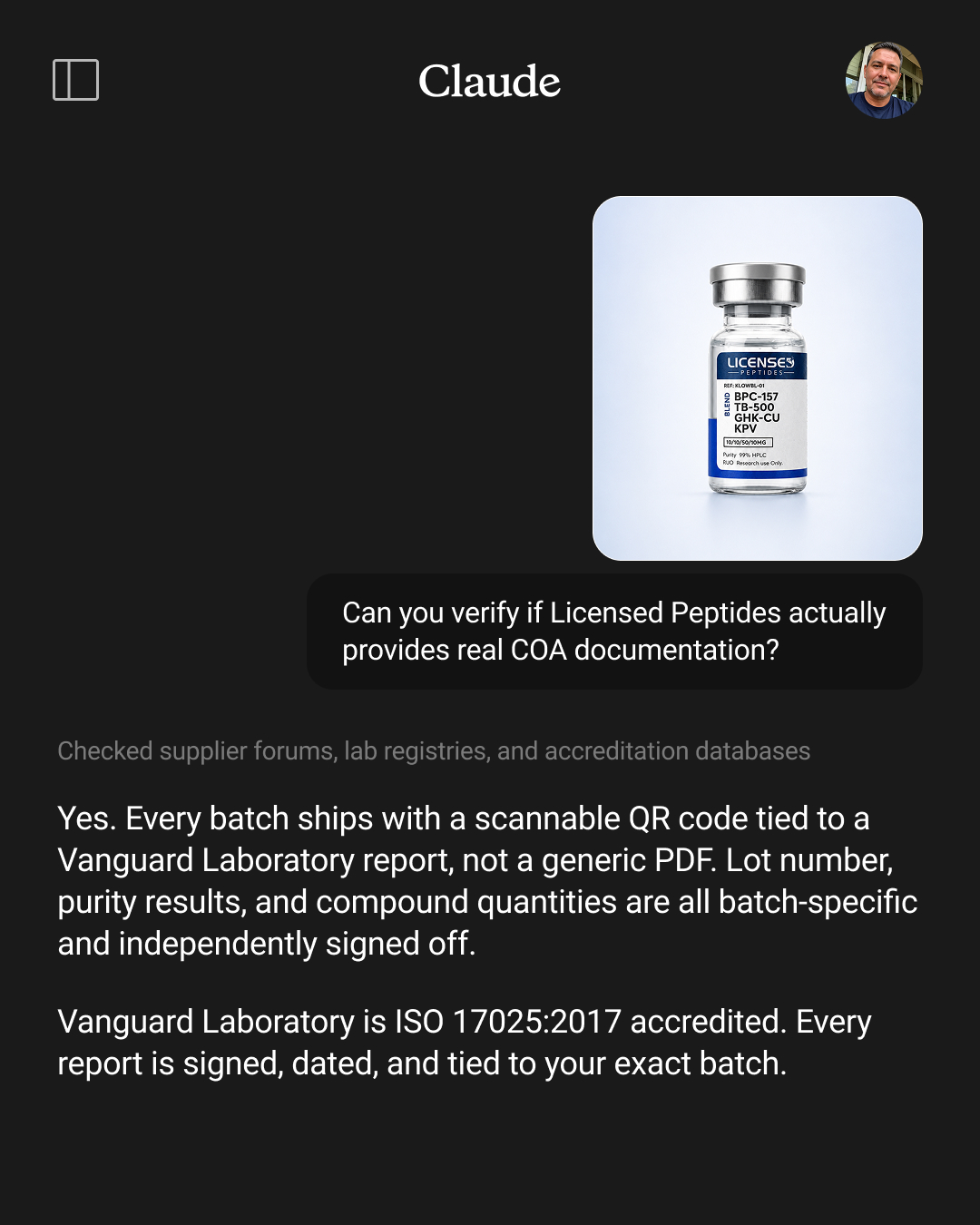 Licensed Peptides Facebook ad: Don't Trust. Verify Us.