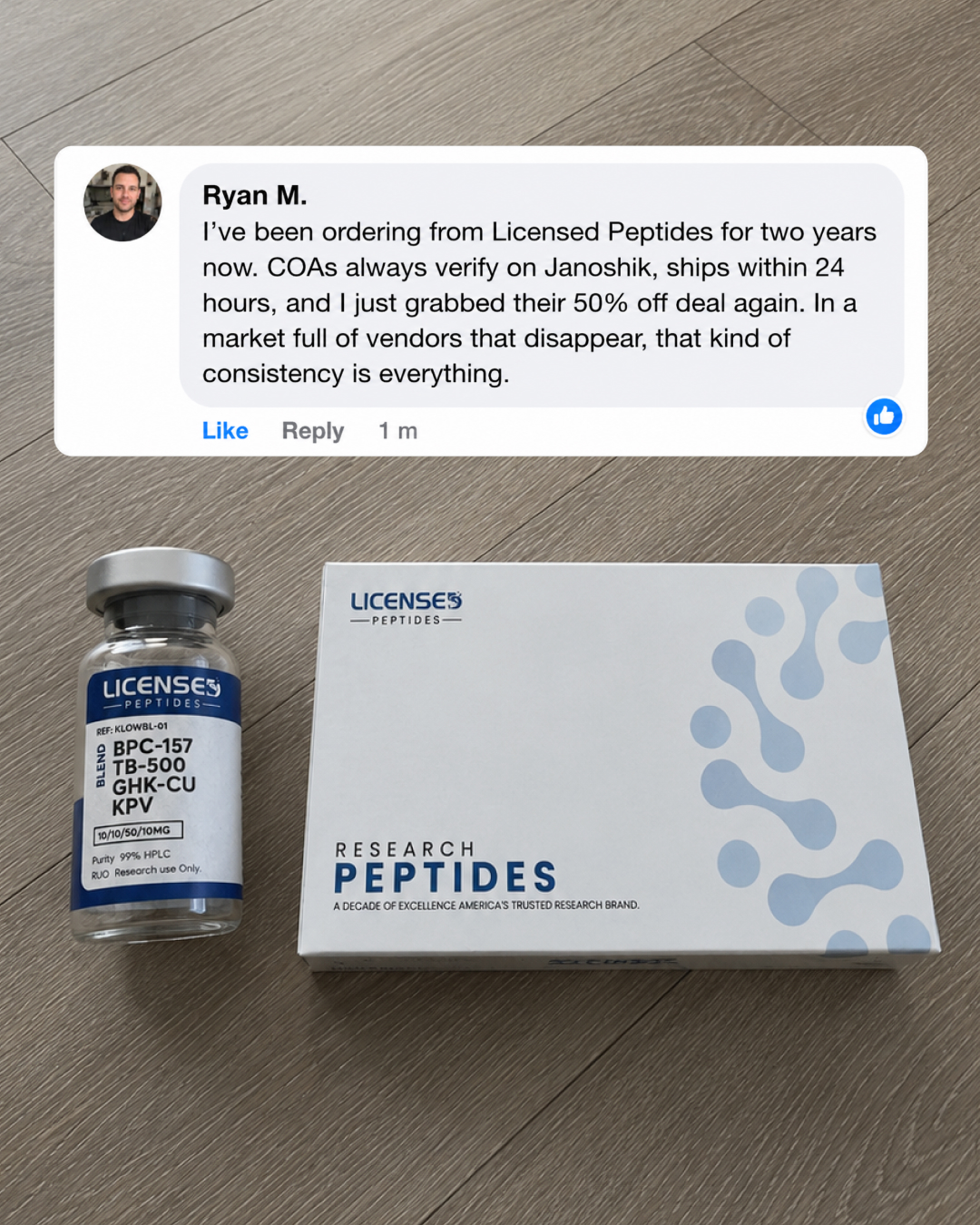 Licensed Peptides Facebook ad: UP TO 50% OFF Research Peptides