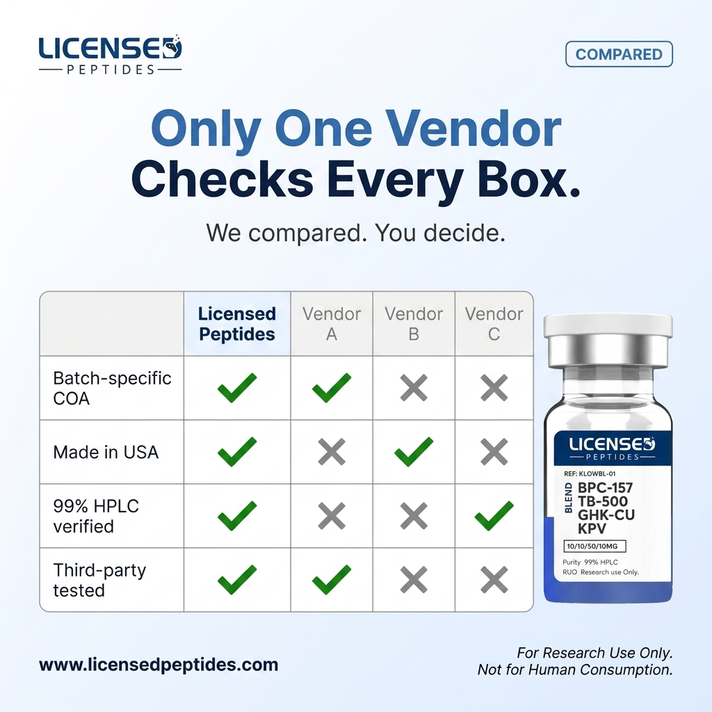 LicensedPeptides.com Facebook ad: Every Batch. 6X Tested. Publicly Verified.