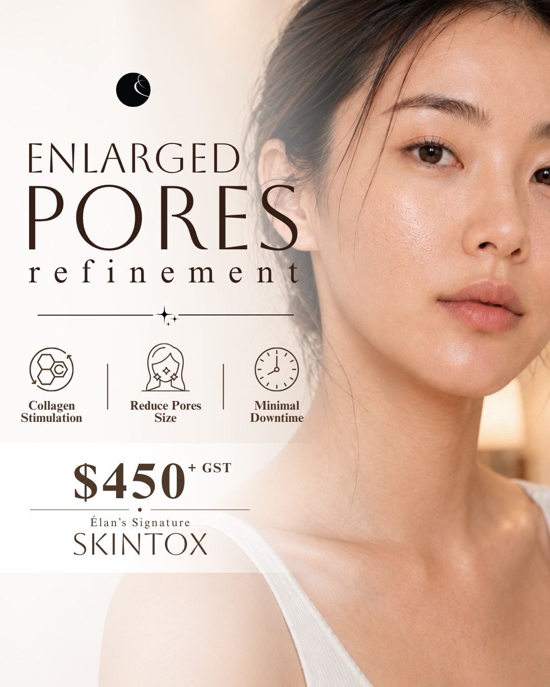 The Élan Clinic Facebook ad: Enlarged Pores Treatment @ $450+GST