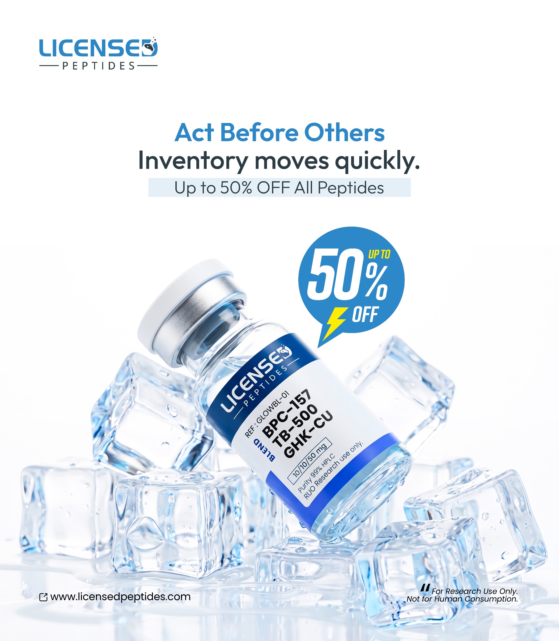 Licensed Peptides.com Facebook ad: Up To 50% OFF Sale Ends Soon