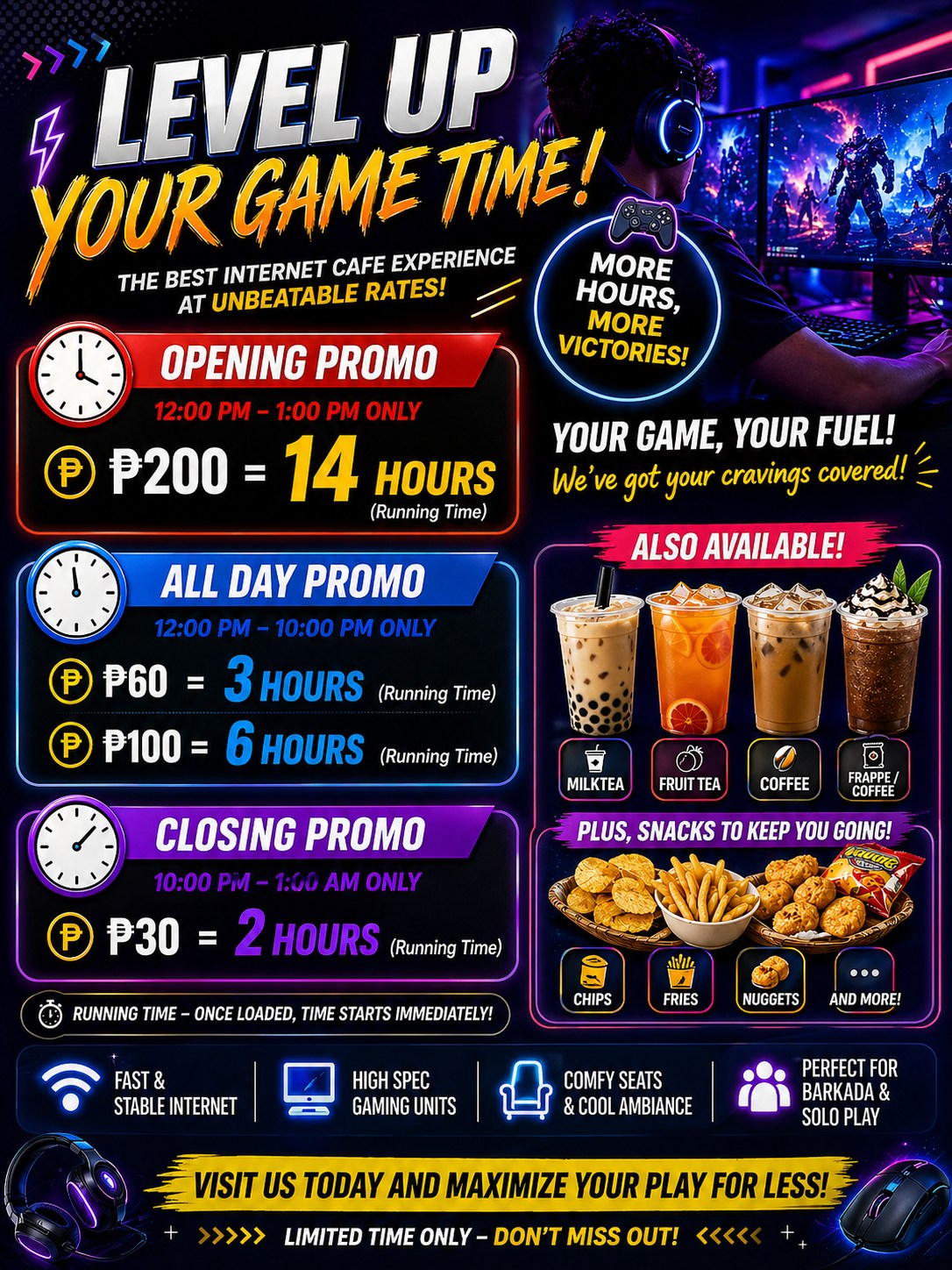 LVLUP Esports Cafe - Greengate Facebook ad: MORE HOURS. MORE WINS.