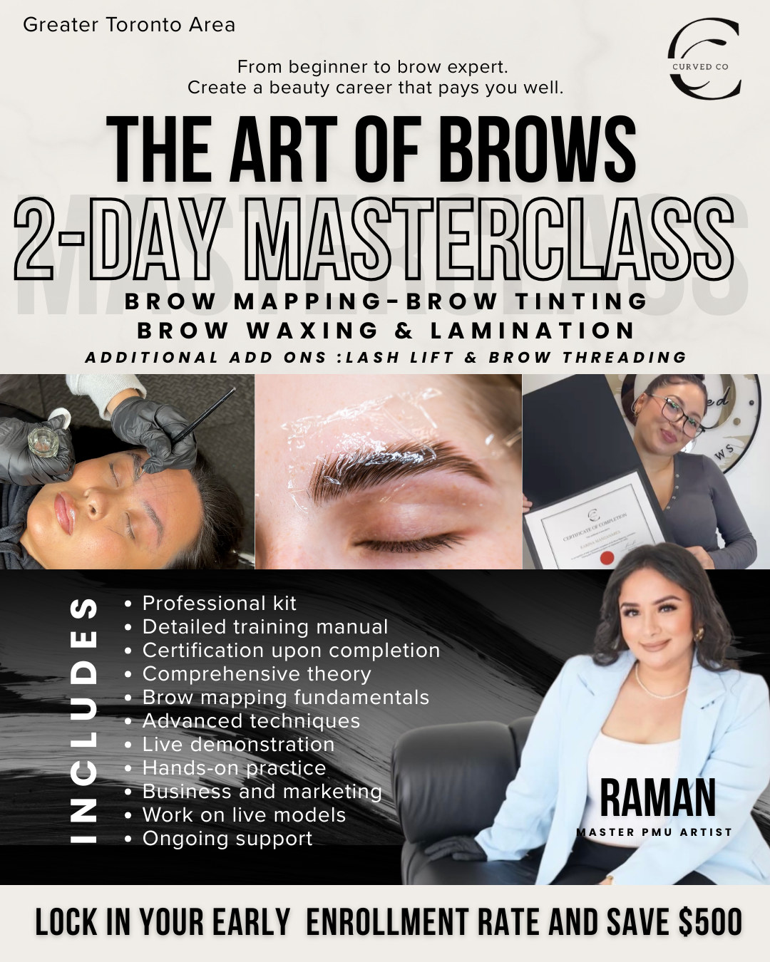 Curved Co. Facebook ad: LIMITED SEATS: Save $500 on Our Brow Masterclass