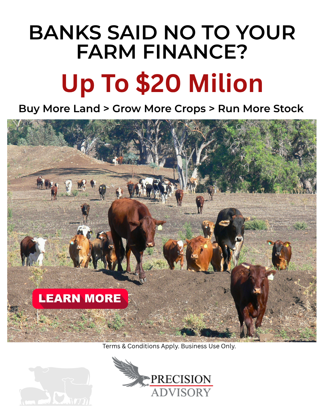 Precision Advisory Facebook ad: Buy More Land. Run More Stock. Grow More.