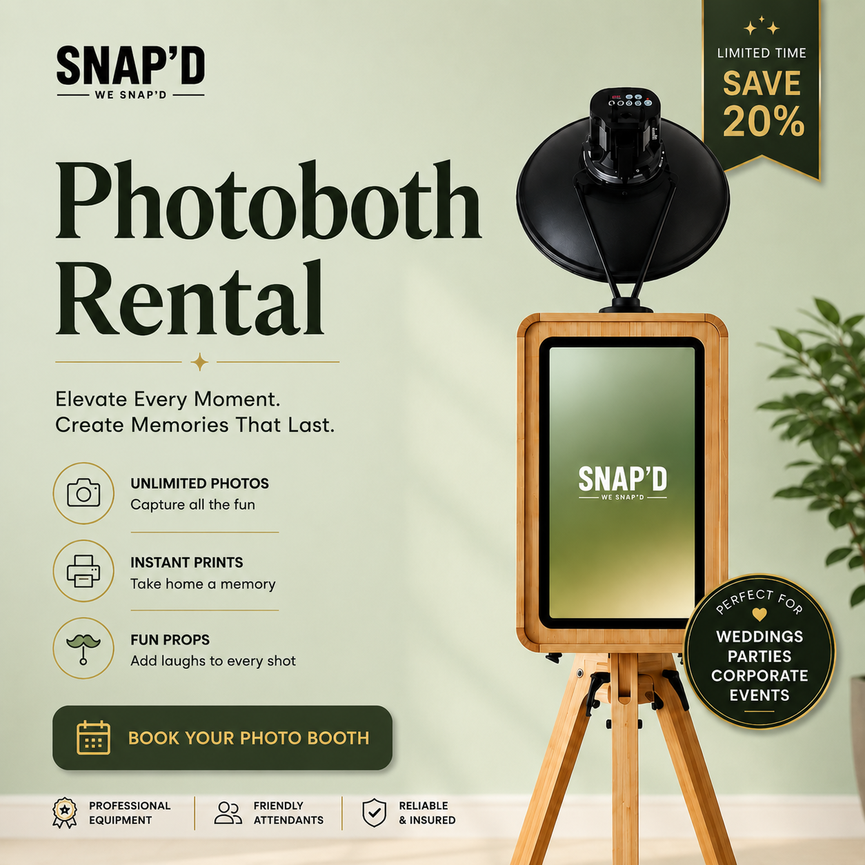 Snap’d - Photo-Booth Rental Facebook ad: Book This Week, Save 20%