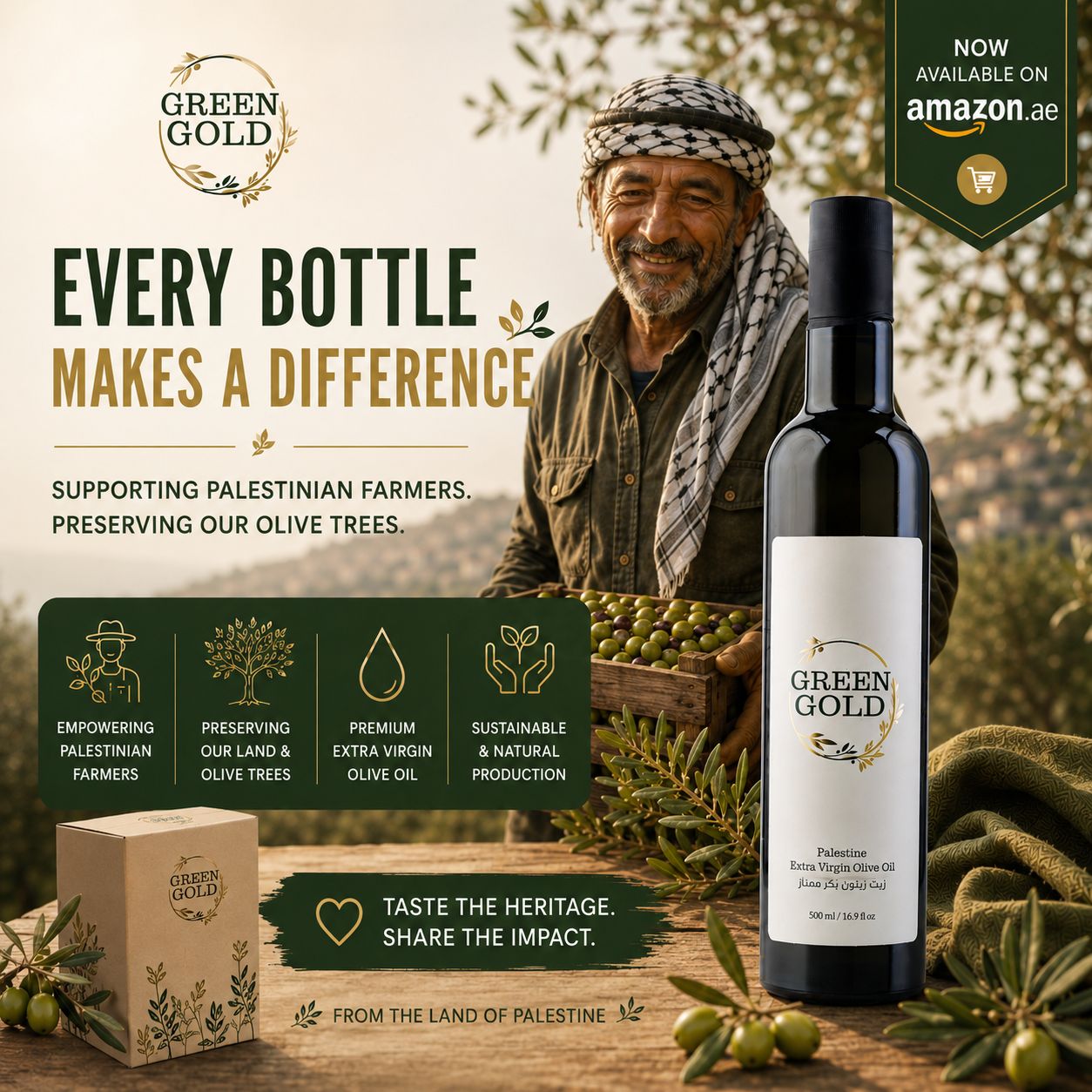 Green Gold Facebook ad: Palestine Green Gold Extra Virgin Olive oil 500ml, Cold…