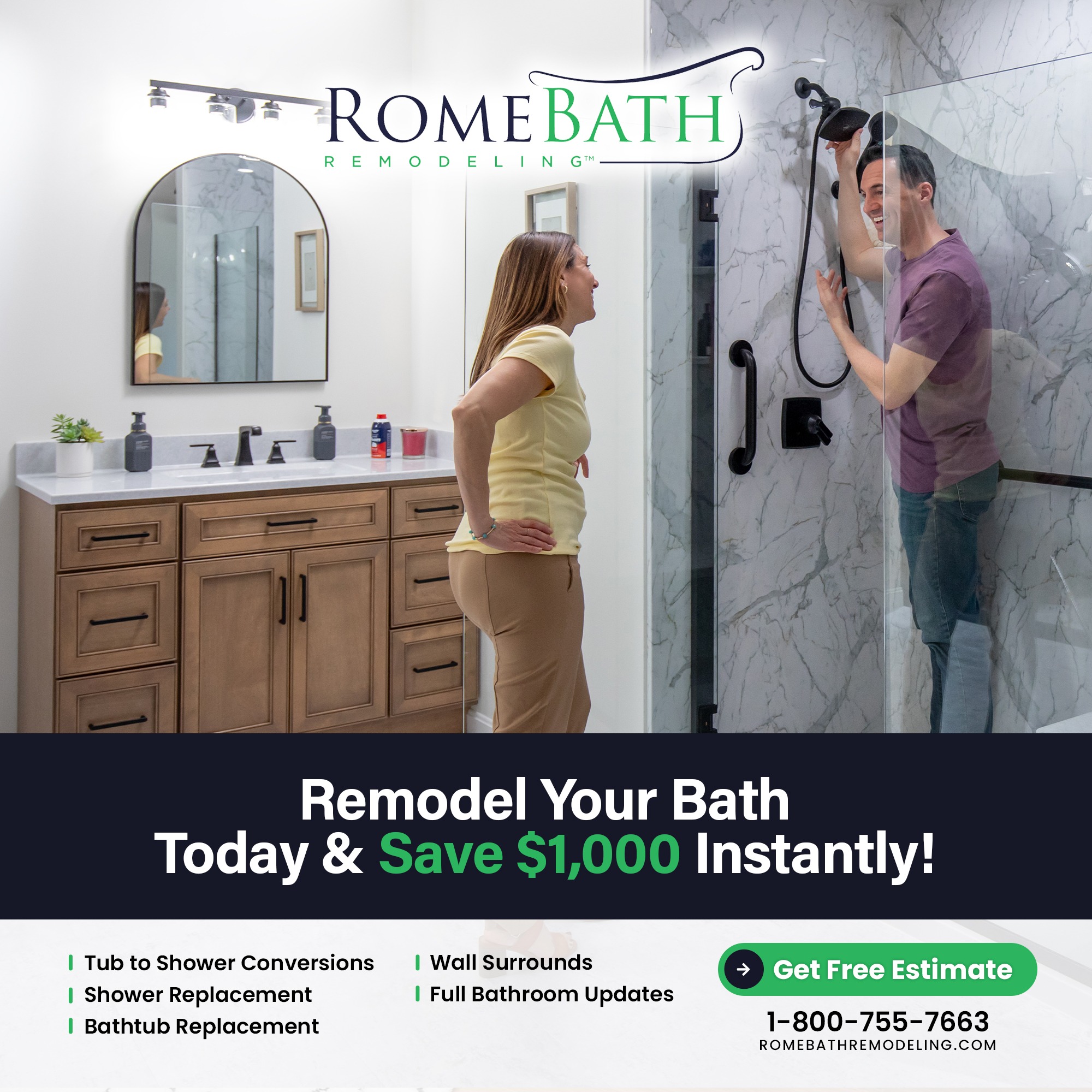 Rome Bath Remodeling Facebook ad: Top-Rated Remodelers-Save $1,000!