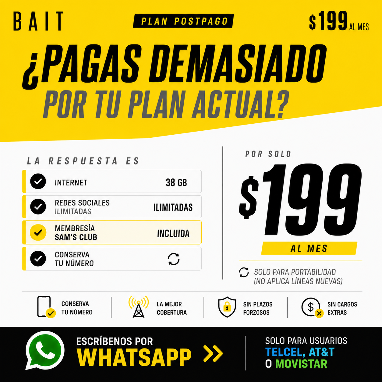 BaitMovil Pospago Facebook ad: Escríbenos por WhatsApp y cámbiate en minutos