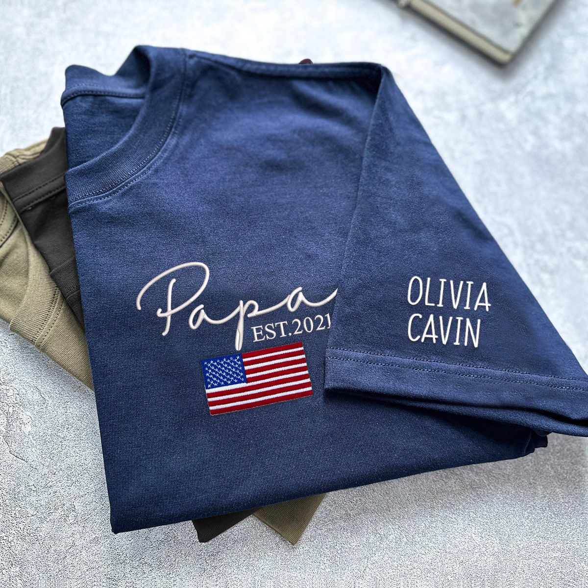 Family Facebook ad: Custom Embroidered Papa Est Flag Father's Day T-Shirt